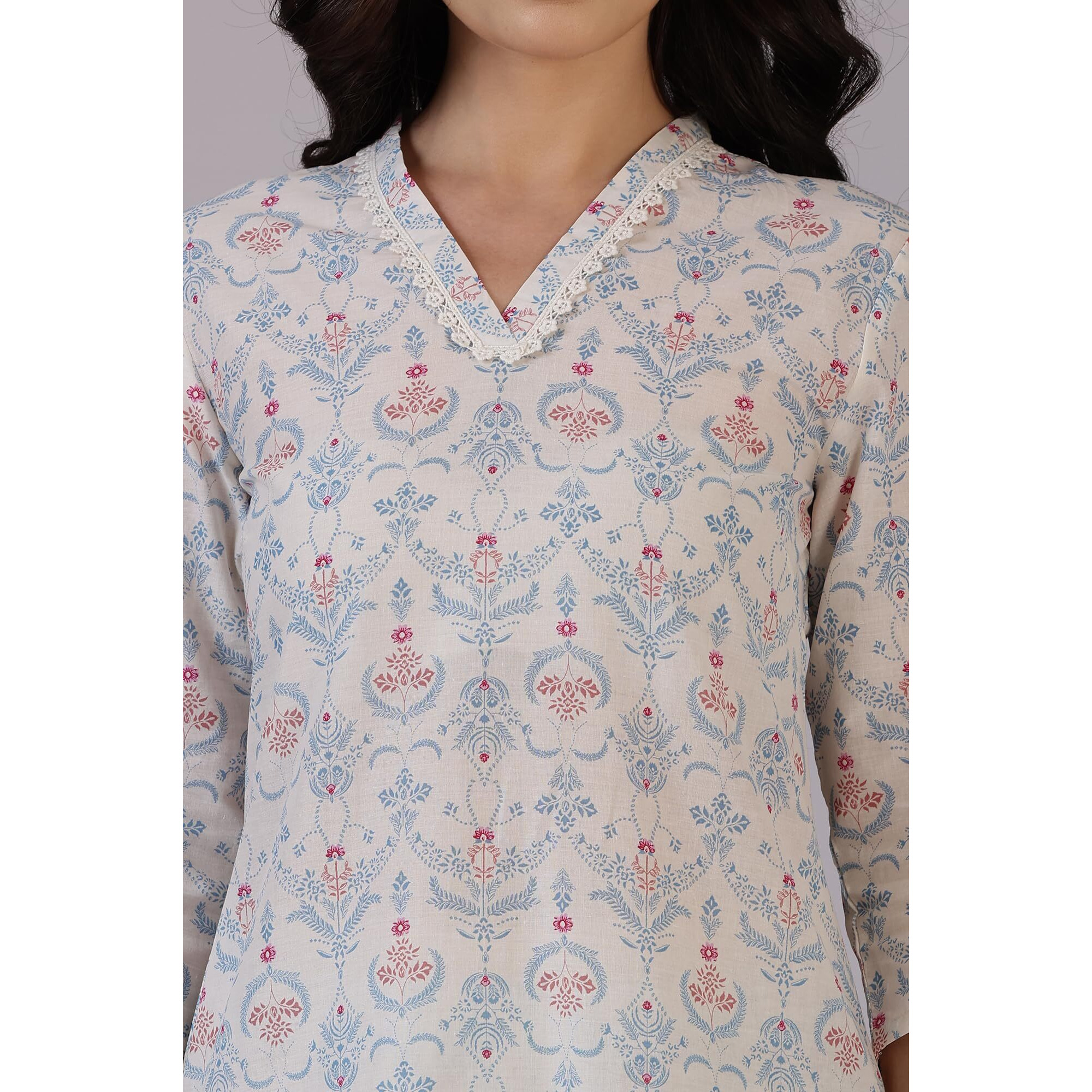 W for Woman Off-White Floral Printed Pure Cotton Straight Kurta and Pants Co-ord Set (Size M)-WS12337-125452