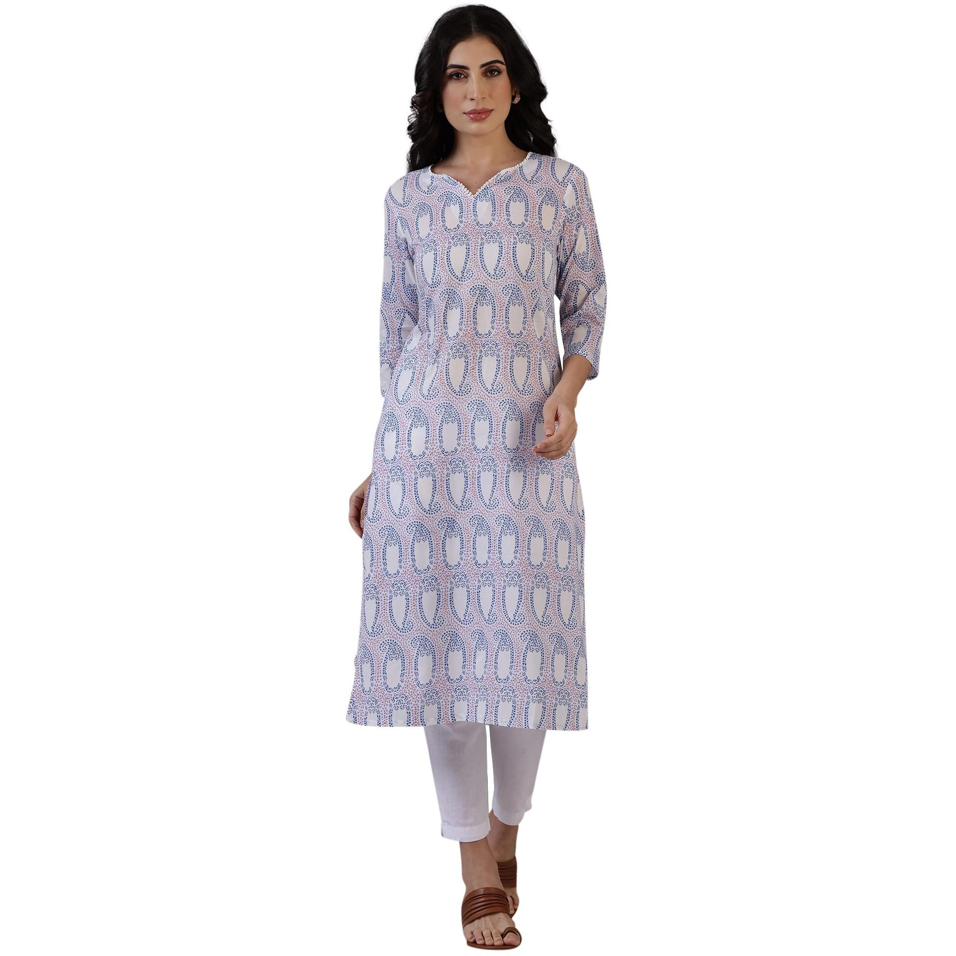W for Woman Off-White Floral Printed Pure Cotton Straight Kurta (Size S)-W12334-125456