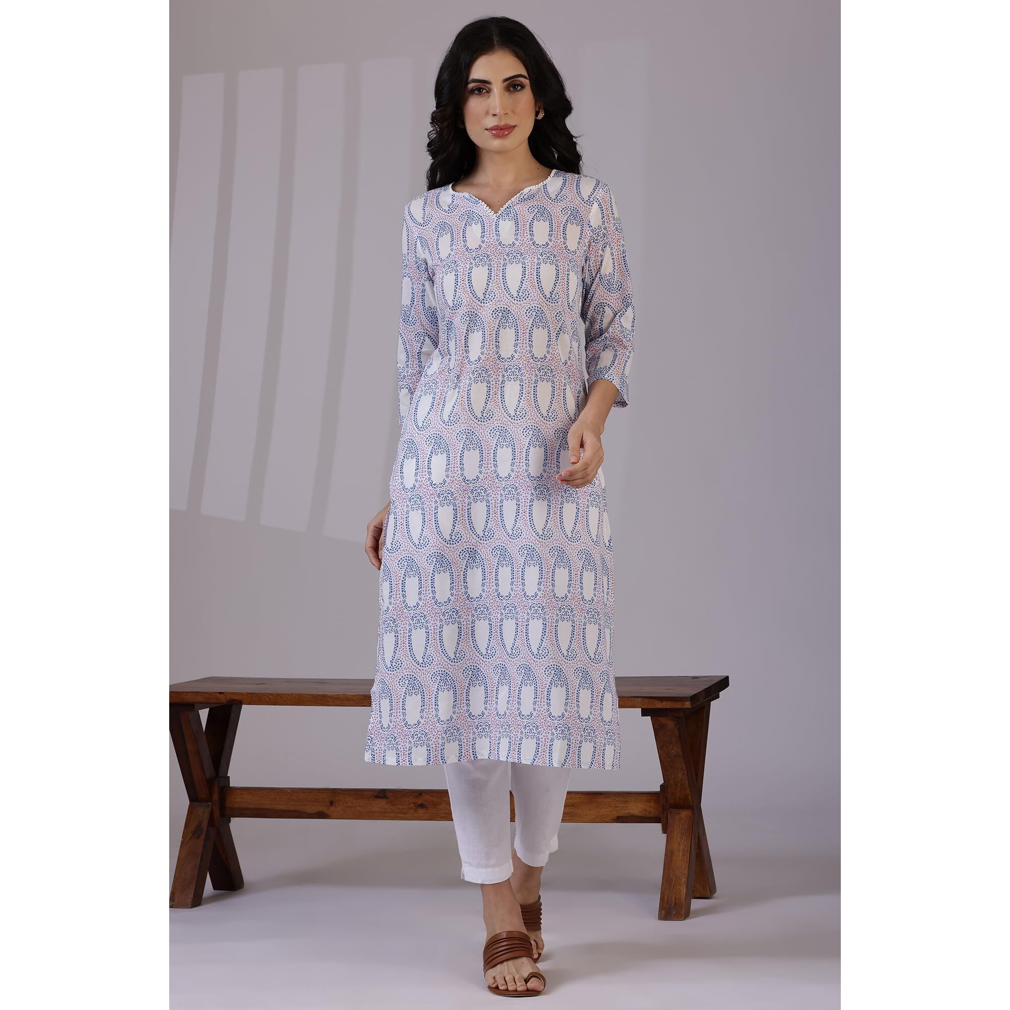 W for Woman Off-White Floral Printed Pure Cotton Straight Kurta (Size S)-W12334-125456
