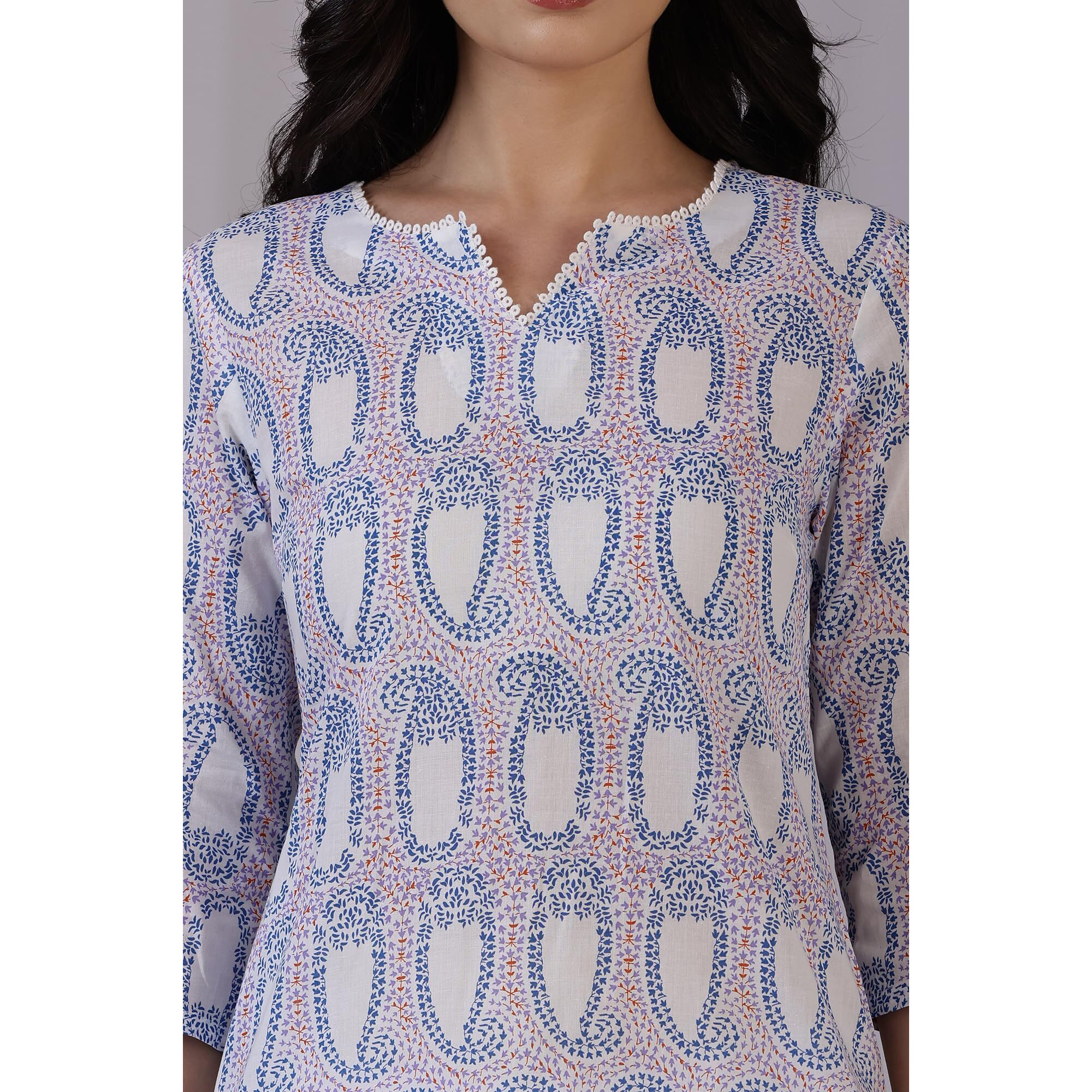 W for Woman Off-White Floral Printed Pure Cotton Straight Kurta (Size S)-W12334-125456