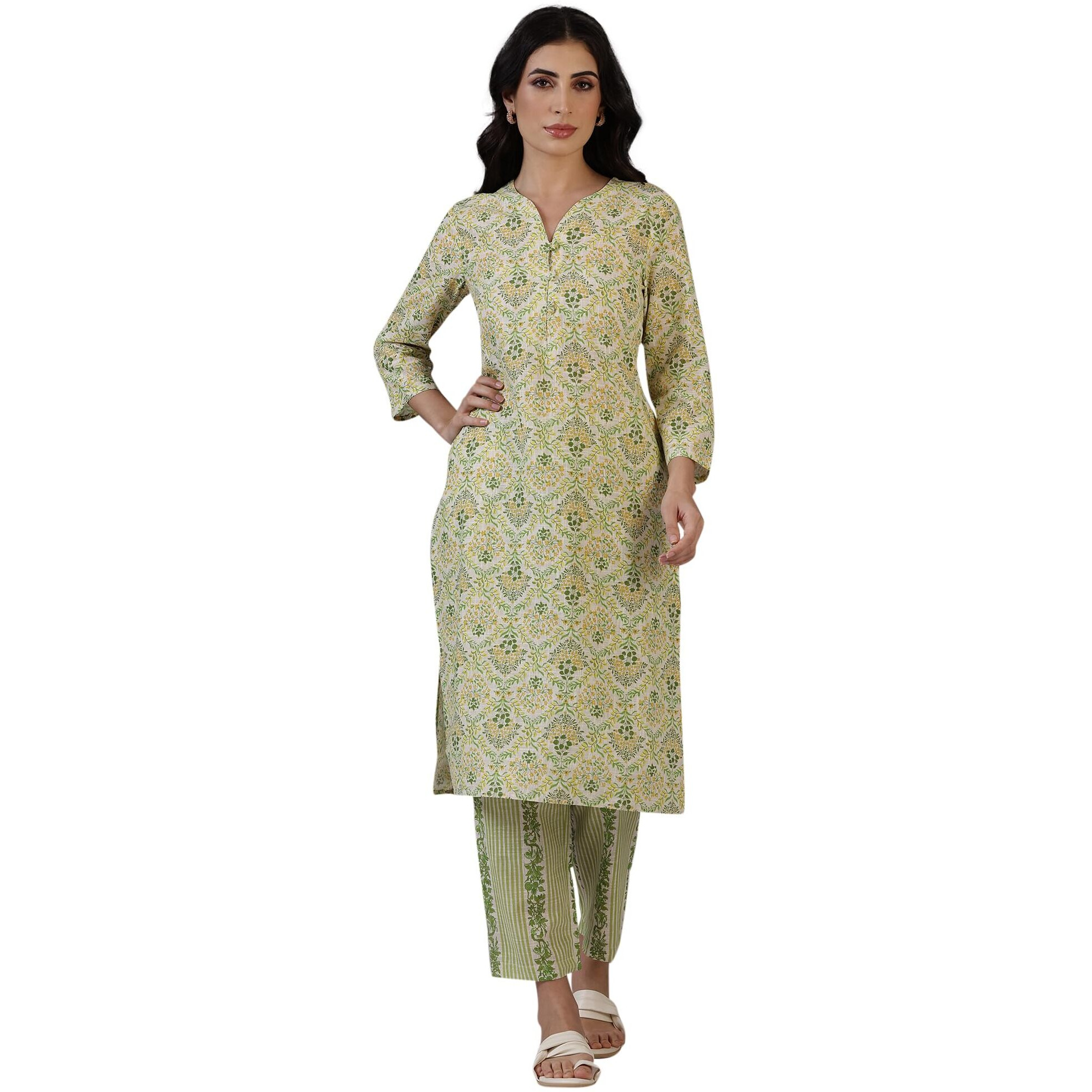 W for Woman Off-White Floral Printed Pure Cotton A-line Kurta and Pants Co-ord Set (Size M)-WS12336-125449