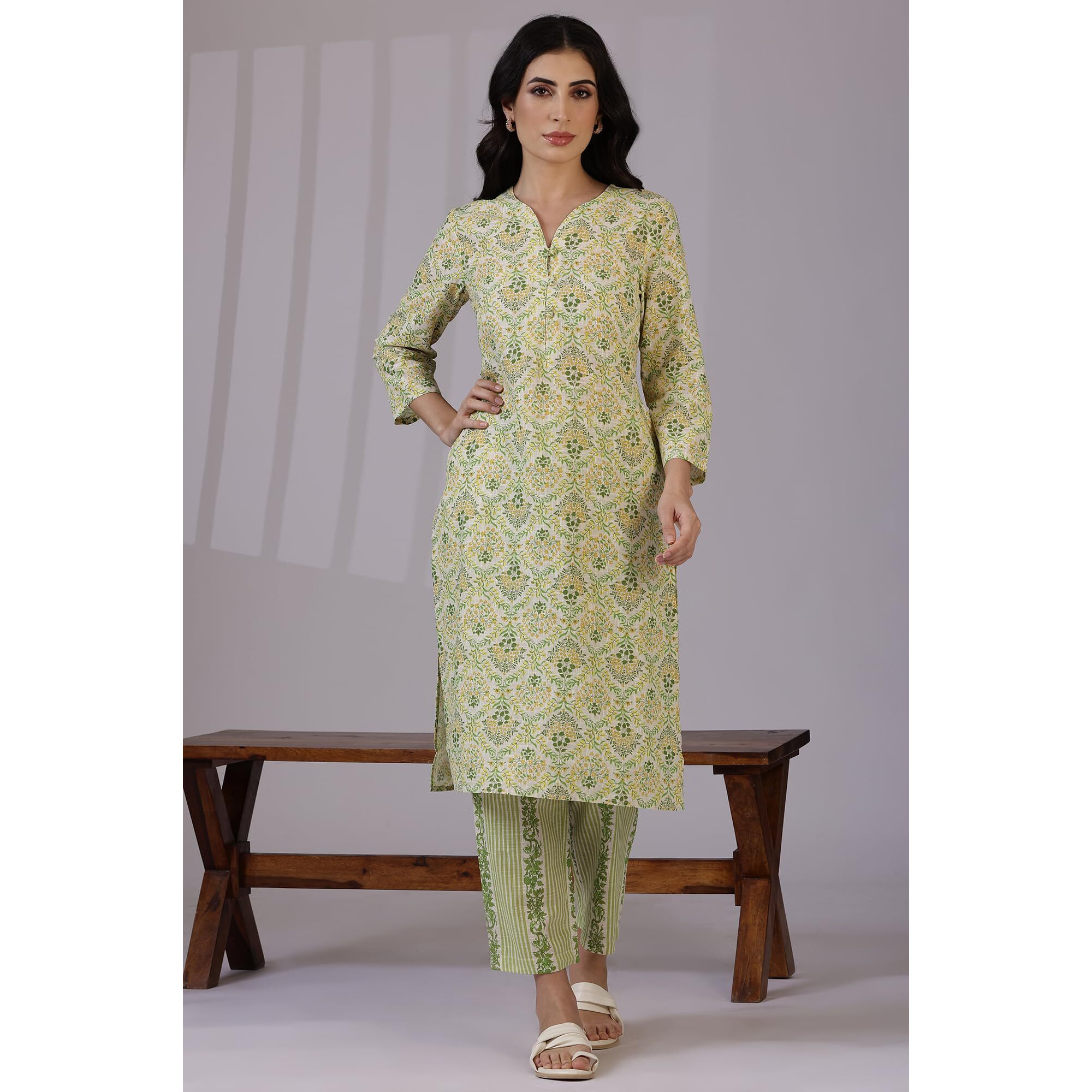 W for Woman Off-White Floral Printed Pure Cotton A-line Kurta and Pants Co-ord Set (Size M)-WS12336-125449