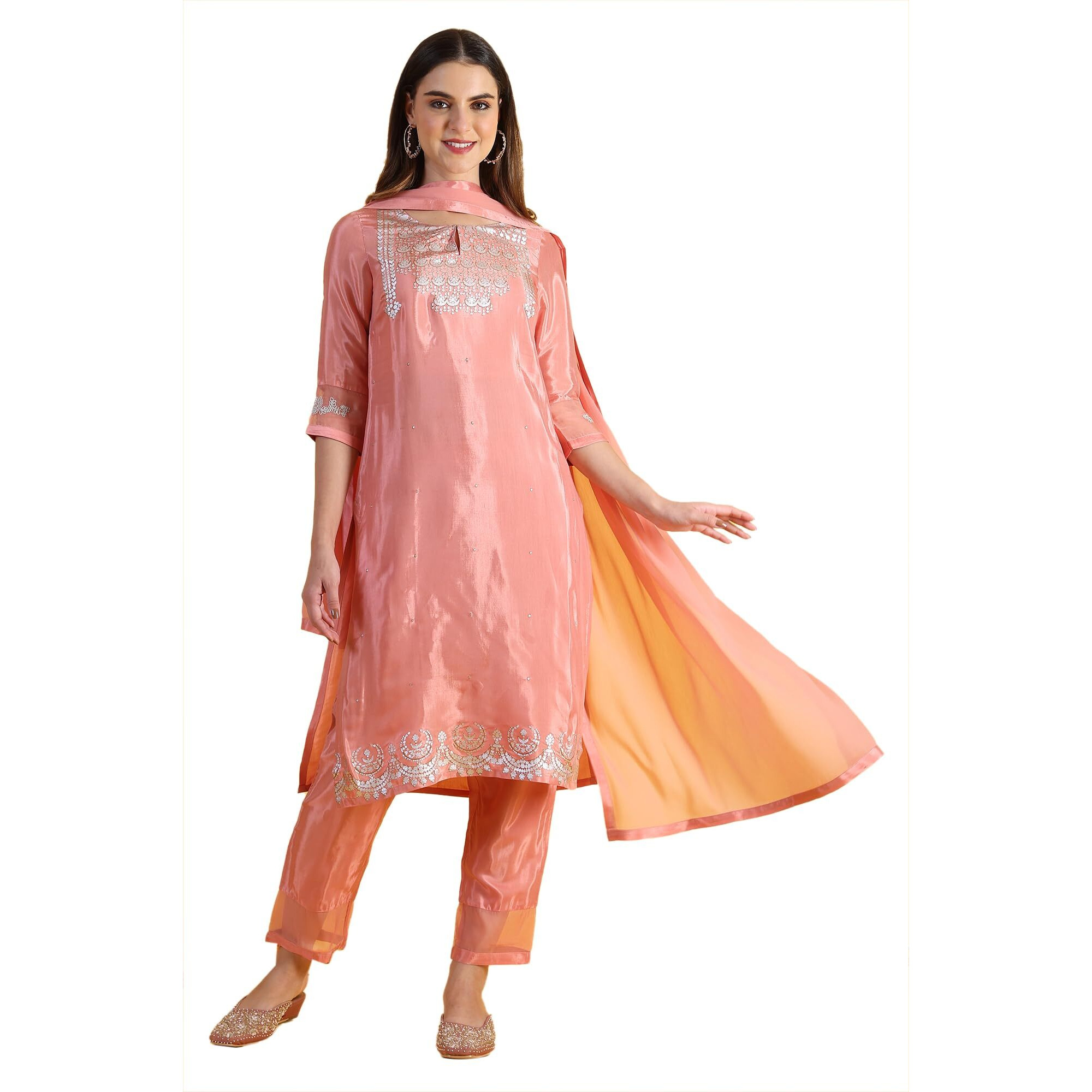 W for Woman Pink Printed Shantung Straight Kurta, Pants and Dupatta Set (Size M)-WS12305-112668