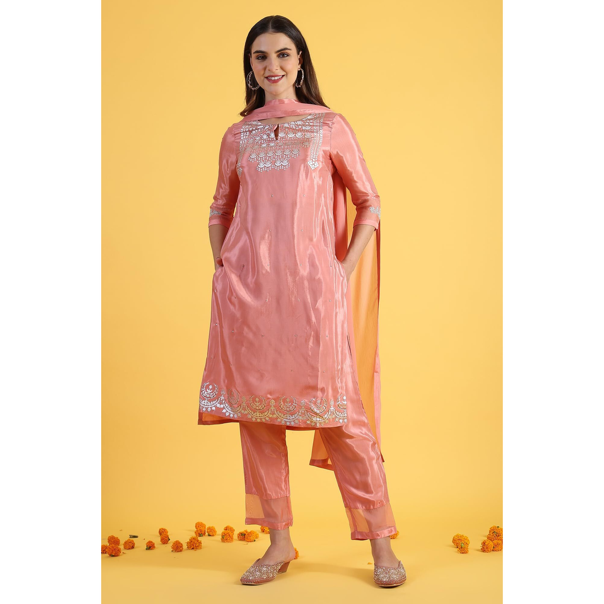 W for Woman Pink Printed Shantung Straight Kurta, Pants and Dupatta Set (Size M)-WS12305-112668