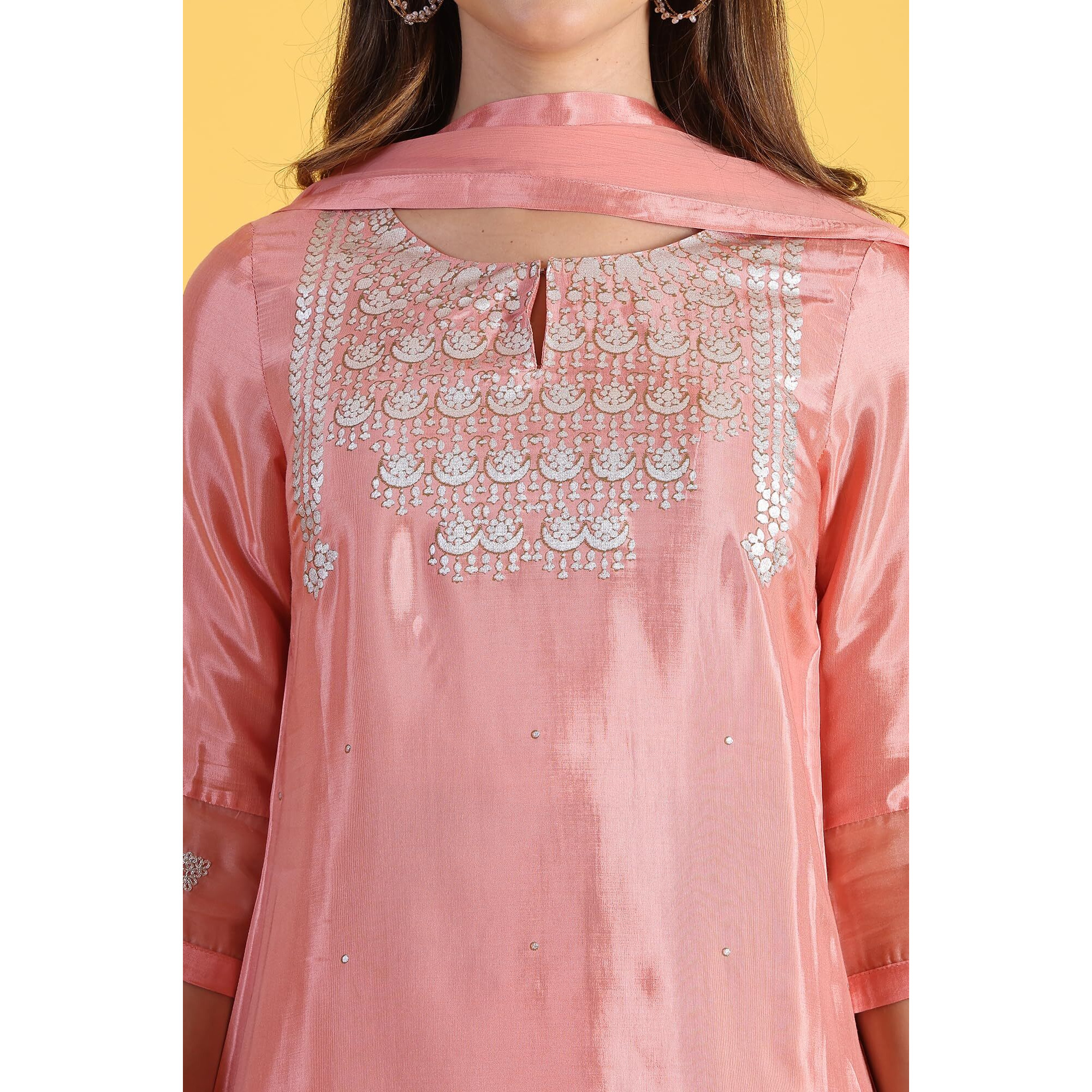 W for Woman Pink Printed Shantung Straight Kurta, Pants and Dupatta Set (Size M)-WS12305-112668