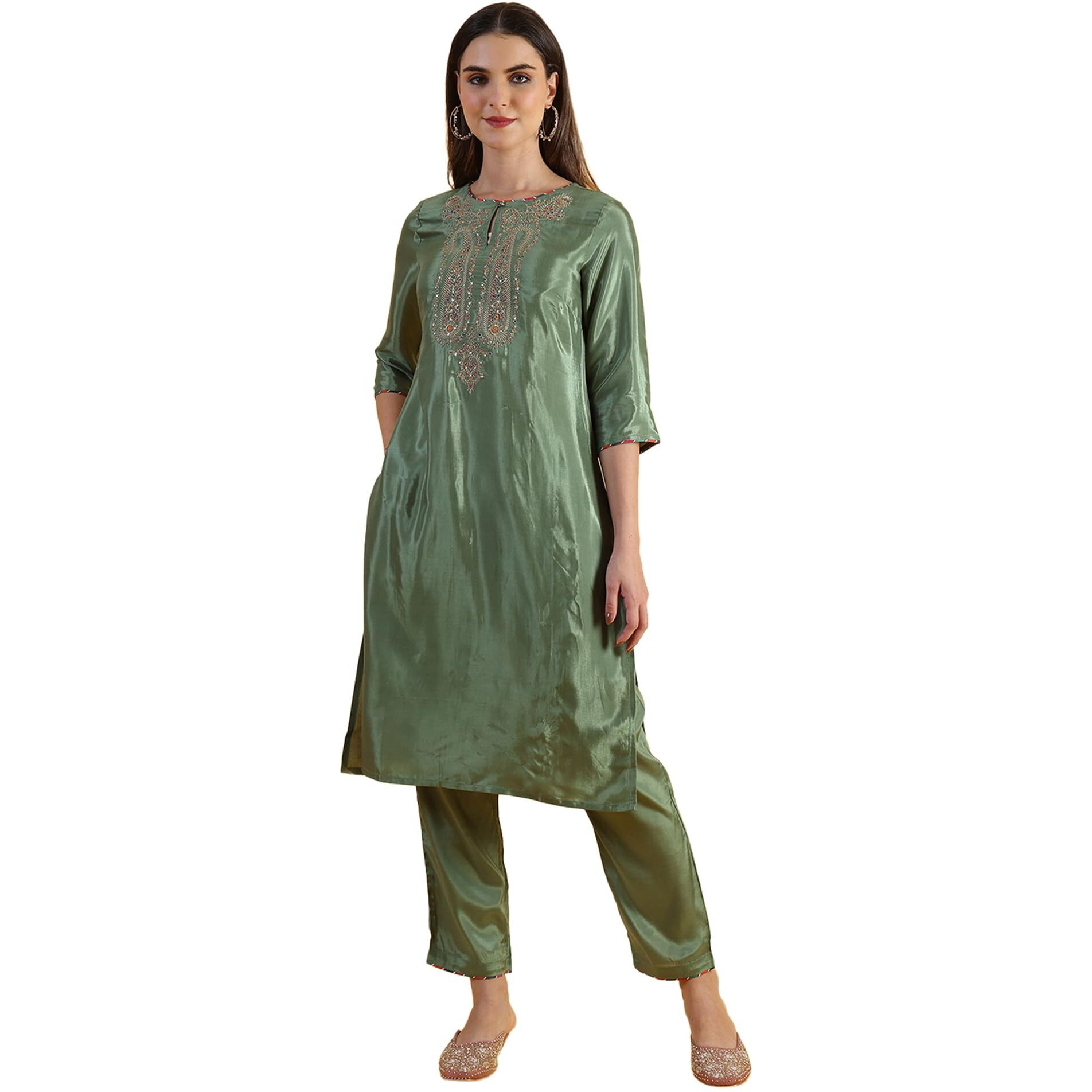 W for Woman Light Green Embroidered Shantung Straight Kurta (Size L)-W12309-217974