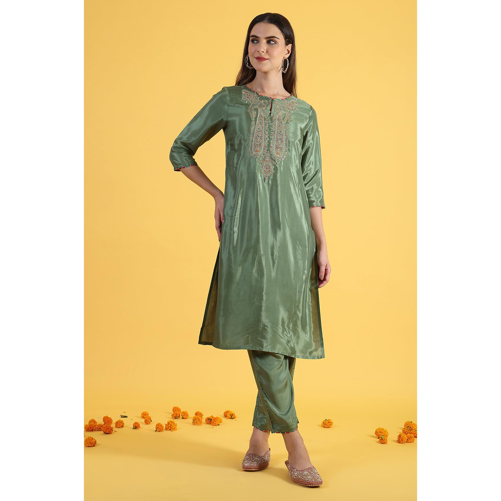 W for Woman Light Green Embroidered Shantung Straight Kurta (Size L)-W12309-217974