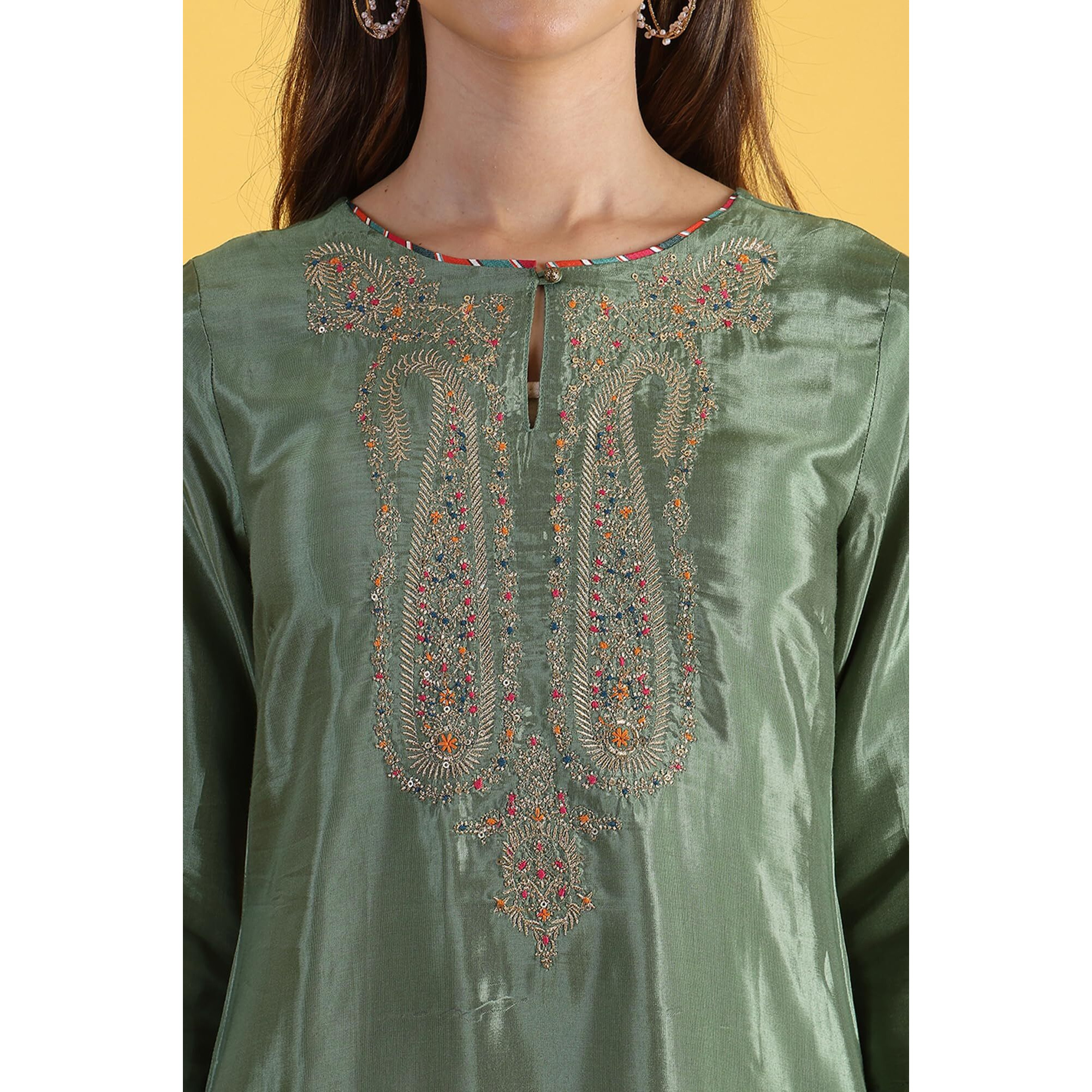 W for Woman Light Green Embroidered Shantung Straight Kurta (Size XL)-W12309-217974