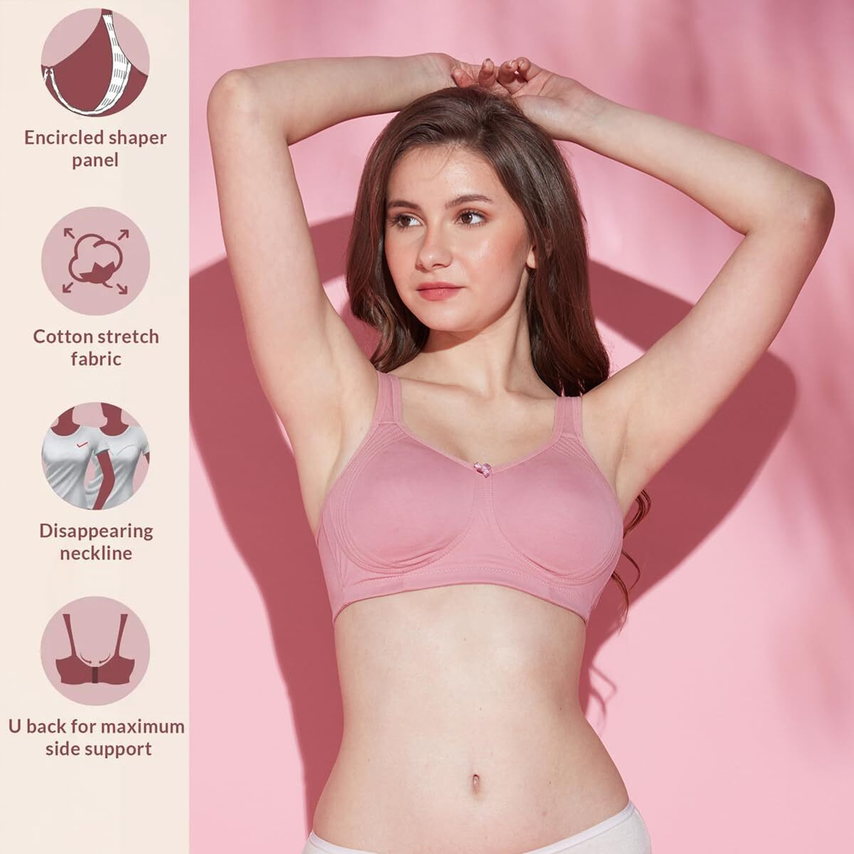 NYKD Encircled with Love Everyday Cotton Bra for Women Non Padded, Wirefree, Full Coverage - Side Support Shaper - Bra, NYB169, Blush, 34C, 1N