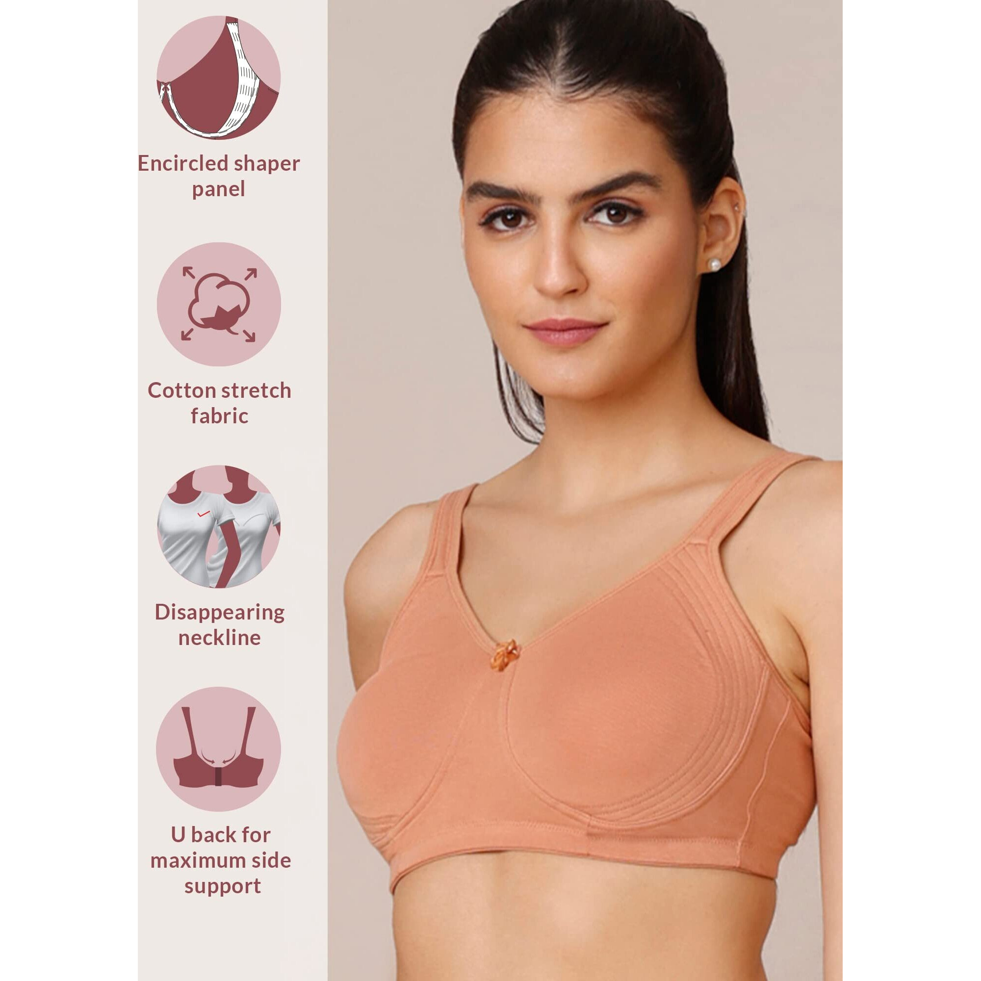 NYKD Everyday Cotton Bra for Women - Encircled with Love | Non-Padded | Wirefree | Full Coverage with Side Support Shaper (NYB169) Clay, 34B, 1N