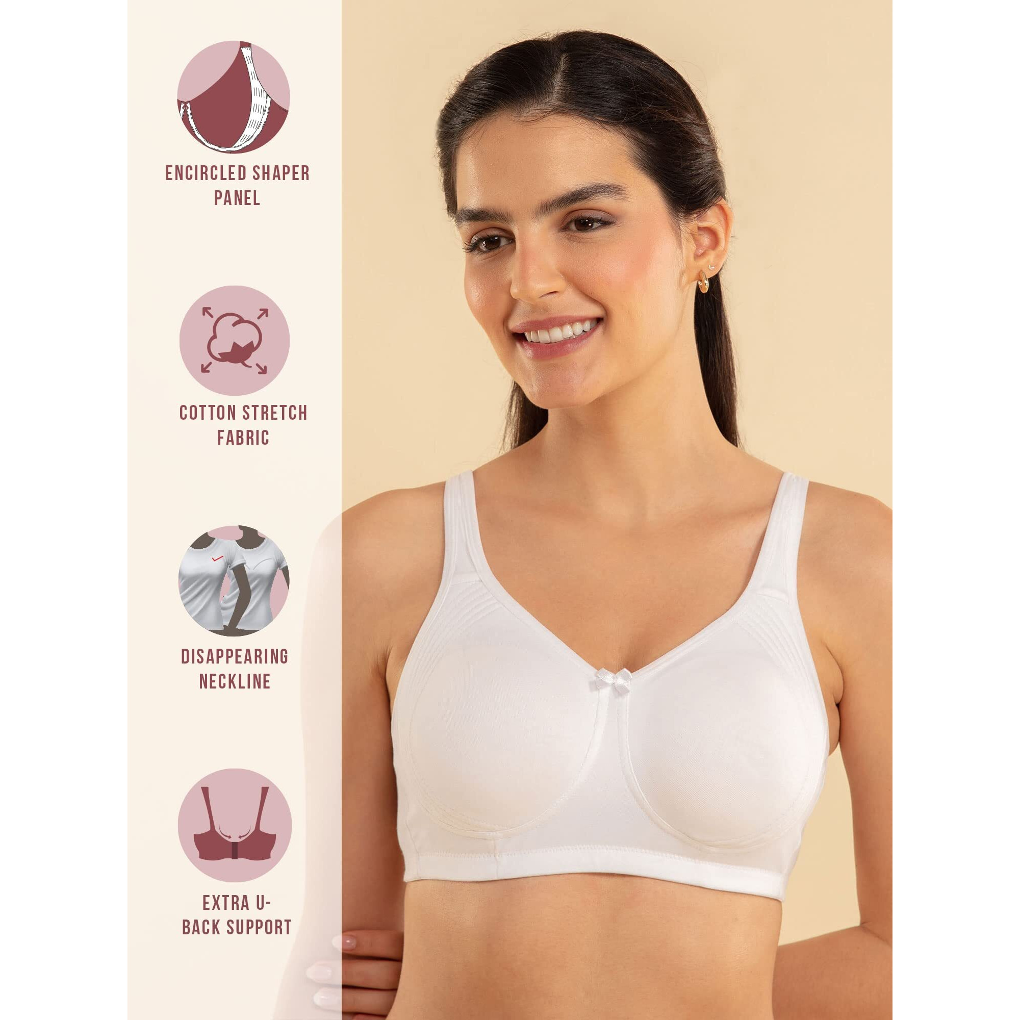 NYKD Encircled with Love Everyday Cotton Bra for Women Non Padded, Wirefree, Full Coverage - Side Support Shaper - Bra, NYB169, White, 32DD, 1N