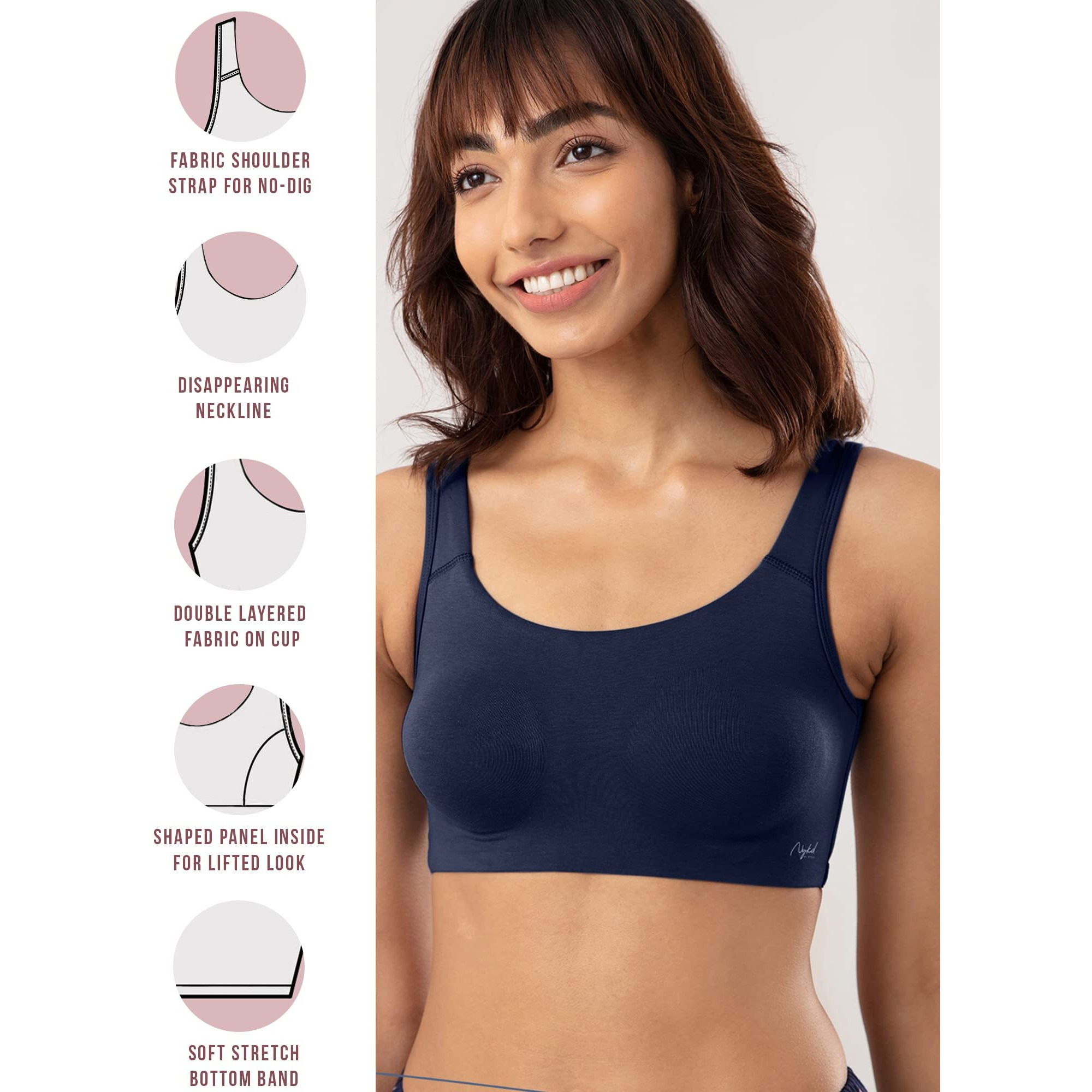 NYKD Women's Cotton Non Padded Wire Free Everyday Bra Bra, NYB113PO2, Peacoat, Skin, XS, 2N