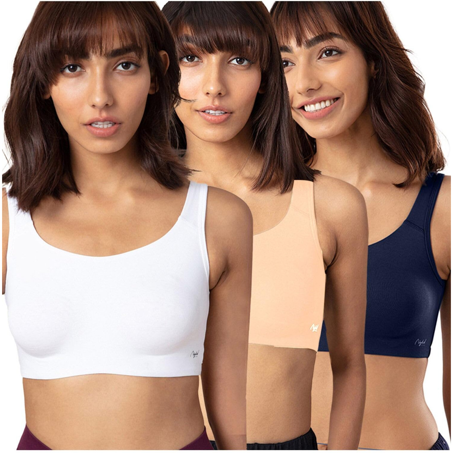 NYKD Soft Cup Easy Peasy Slip On Everyday Bra for Women, Wireless, Full Coverage, Support Shaper, Non Padded Sports Bra- NYB113,Skin/White/Peacoat,L,PO3