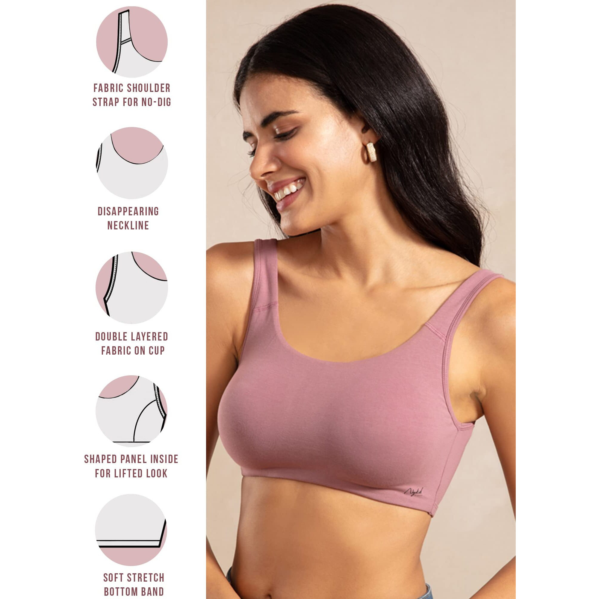 NYKD Soft Cup Easy Peasy Slip On Everyday Bra for Women, Wireless, Full Coverage, Support Shaper, Non Padded Sports Bra Bra, NYB113, Mauve, XL, 1N