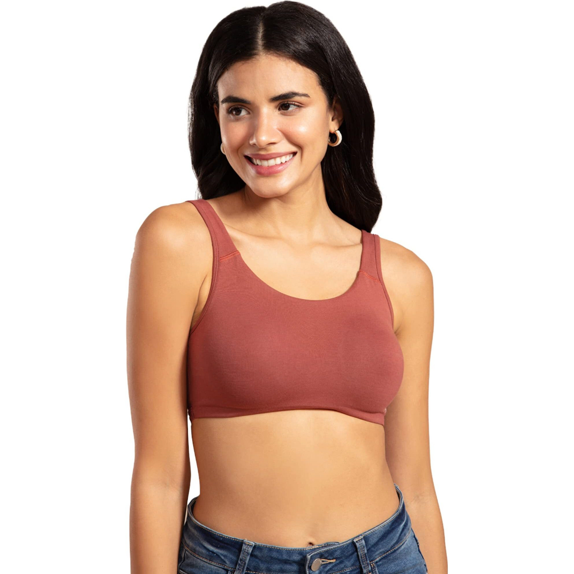NYKD Soft Cup Easy Peasy Slip On Everyday Bra for Women, Wireless, Full Coverage, Support Shaper, Non Padded Sports Bra Bra, NYB113, Rust, S, 1N