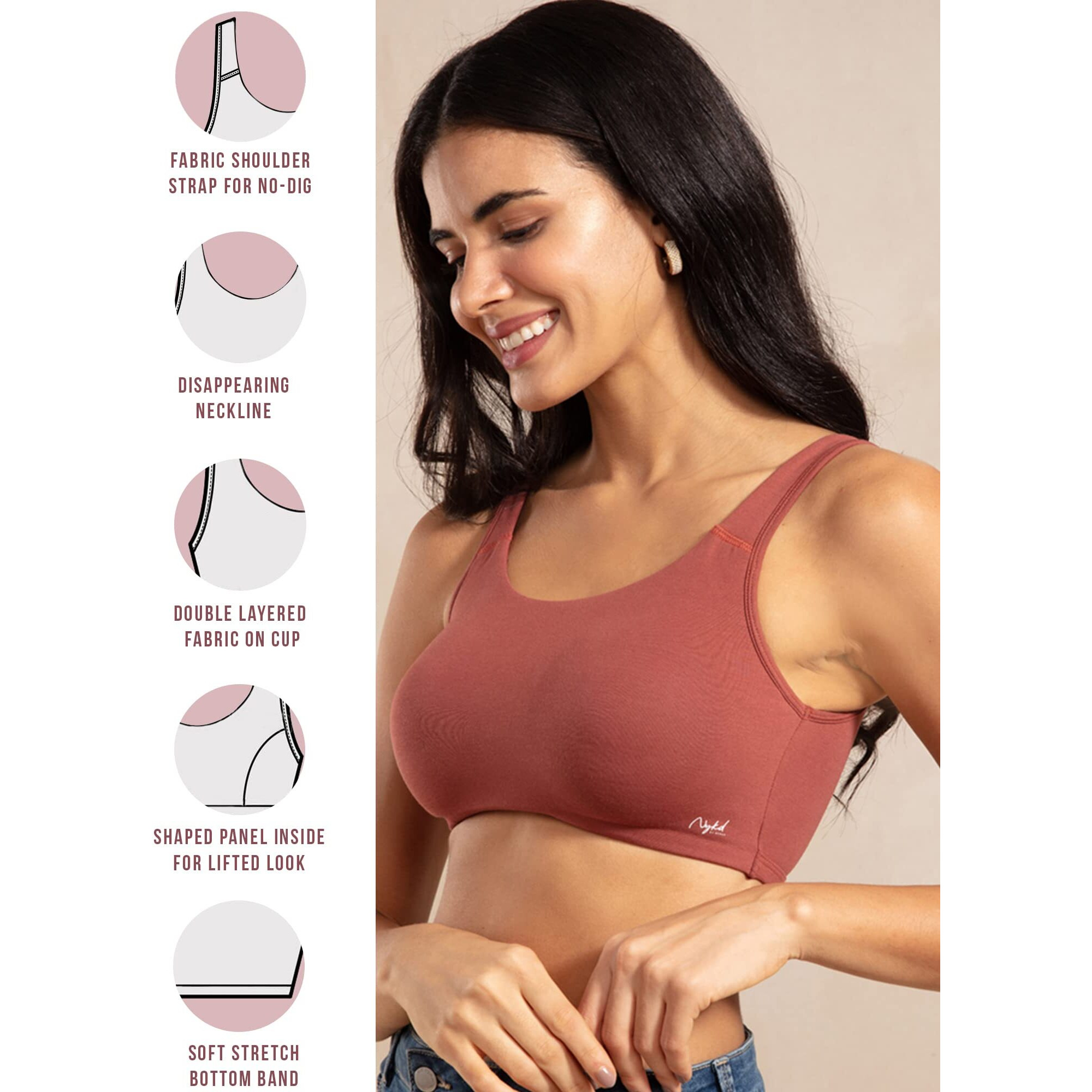 NYKD Soft Cup Easy Peasy Slip On Everyday Bra for Women, Wireless, Full Coverage, Support Shaper, Non Padded Sports Bra Bra, NYB113, Rust, S, 1N