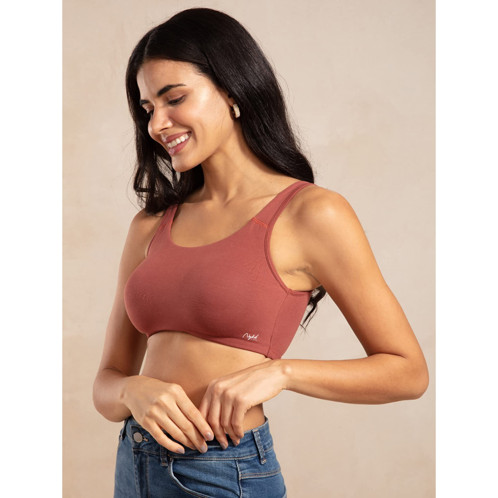 NYKD Soft Cup Easy Peasy Slip On Everyday Bra for Women, Wireless, Full Coverage, Support Shaper, Non Padded Sports Bra Bra, NYB113, Rust, S, 1N