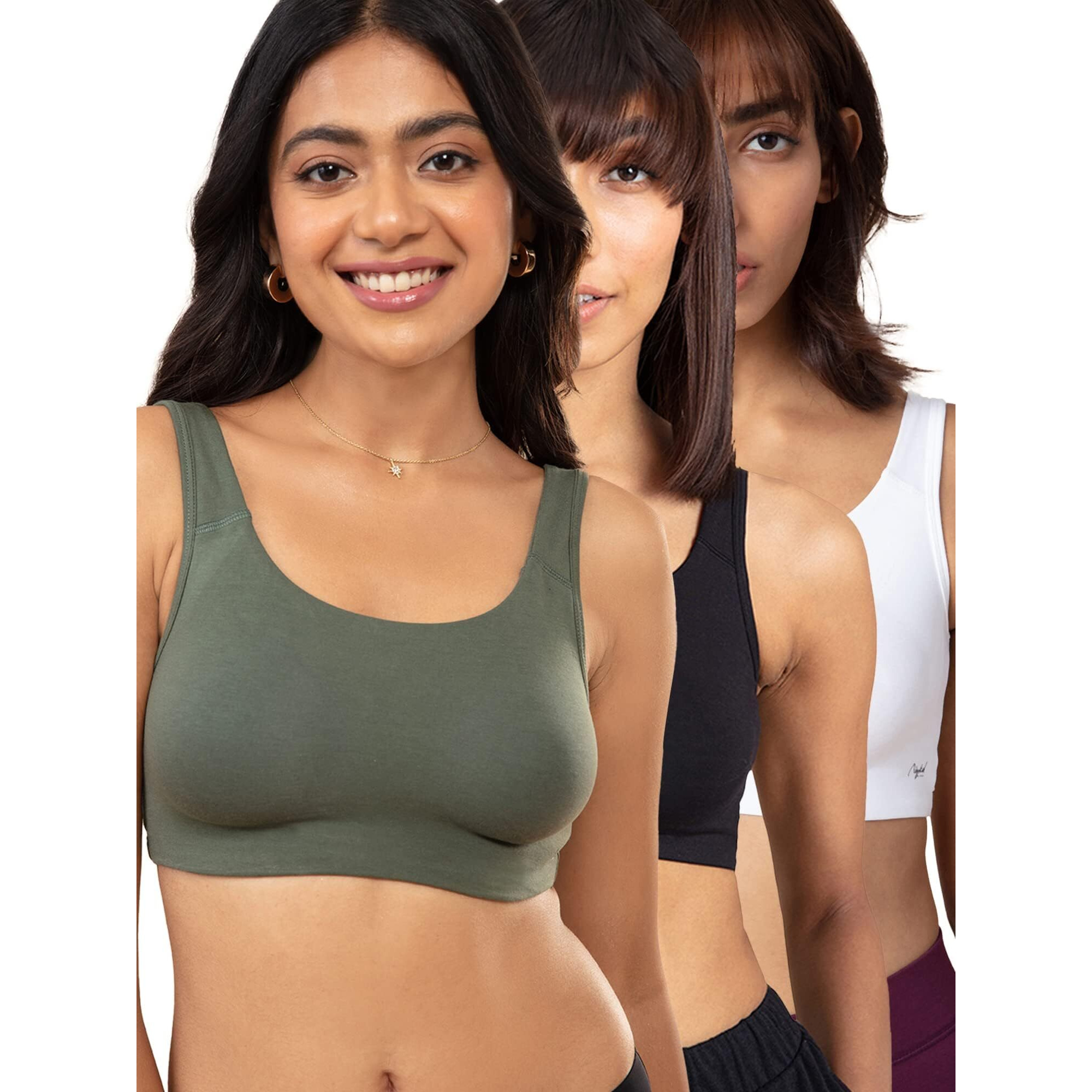 NYKD Soft Cup Easy Peasy Slip On Everyday Bra for Women, Wireless, Full Coverage, Support Shaper, Non Padded Sports Bra- NYB113,Beetle Green/Black/White,XL,PO3