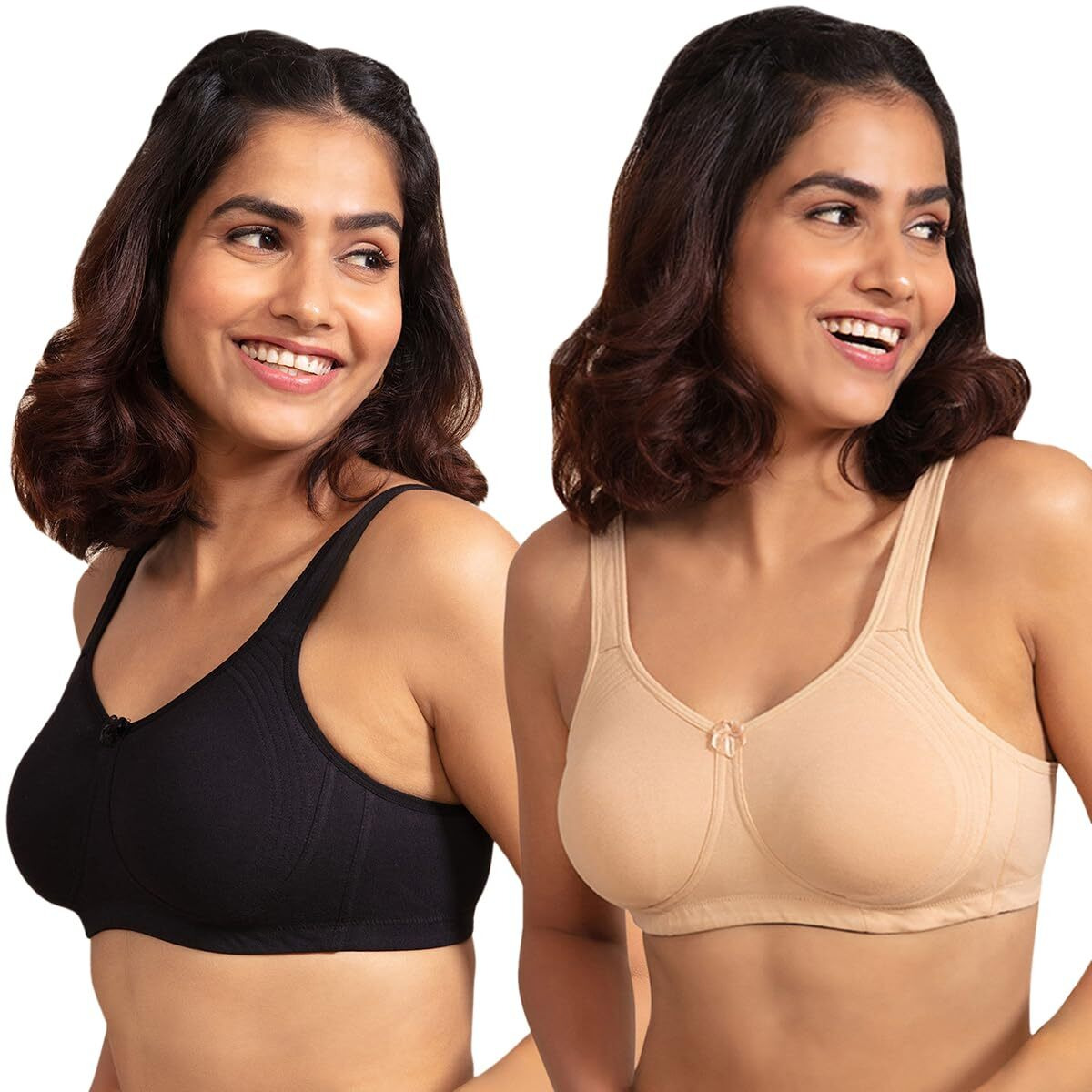 NYKD Everyday Cotton Bra for Women - Encircled with Love | Non-Padded | Wirefree | Full Coverage with Side Support Shaper (NYB169) Sand/Black,38DD