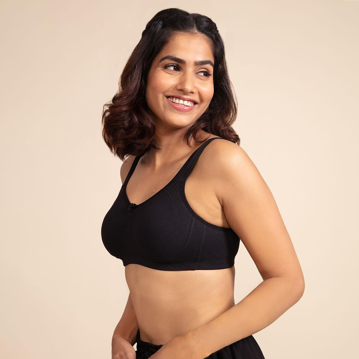 NYKD Everyday Cotton Bra for Women - Encircled with Love | Non-Padded | Wirefree | Full Coverage with Side Support Shaper (NYB169) Sand/Black,38DD