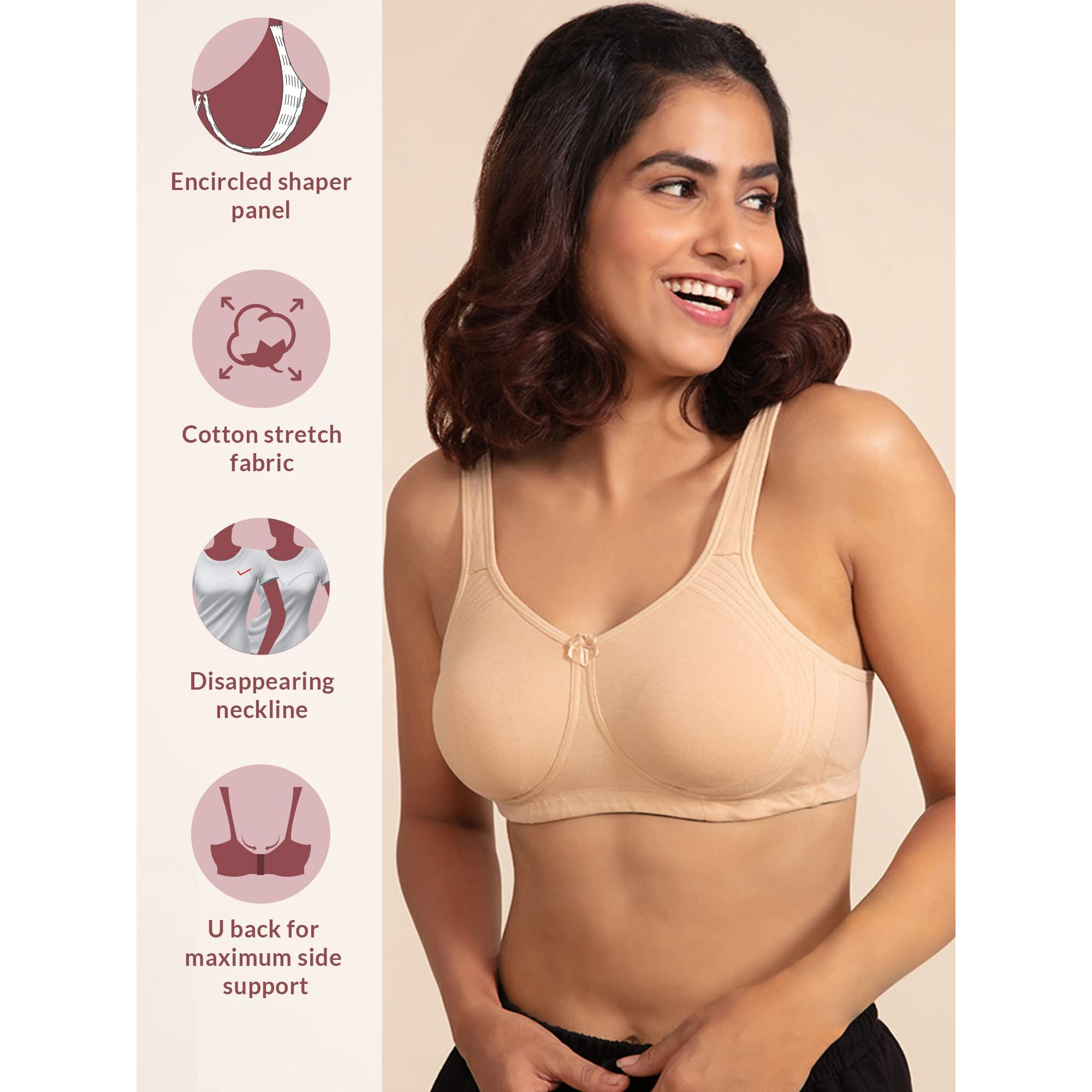 NYKD Everyday Cotton Bra for Women - Encircled with Love | Non-Padded | Wirefree | Full Coverage with Side Support Shaper (NYB169) Sand, 38D, 1N