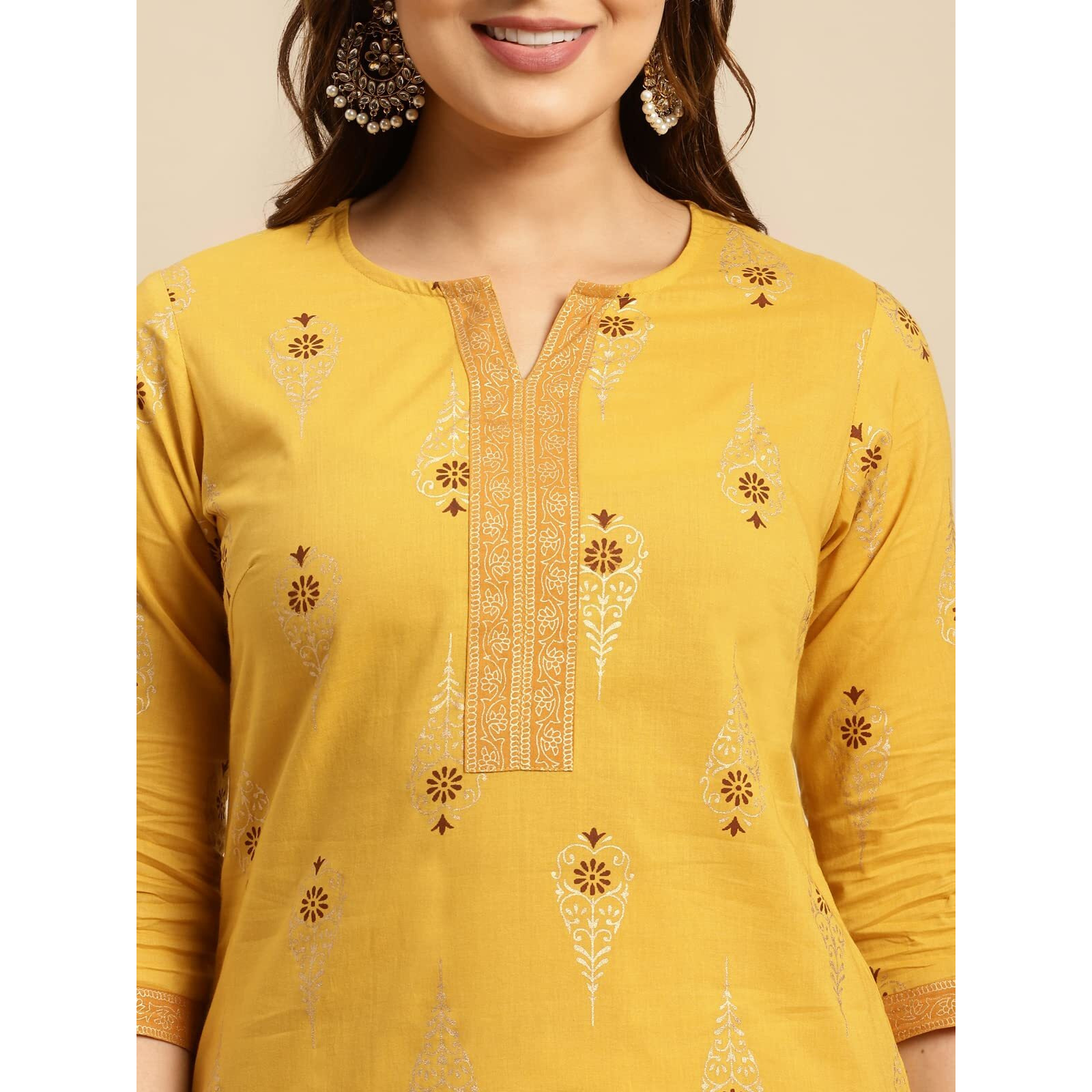 rangita Yellow Cotton Knee Length Printed Straight Kurti for Women | Kurta for Women_L