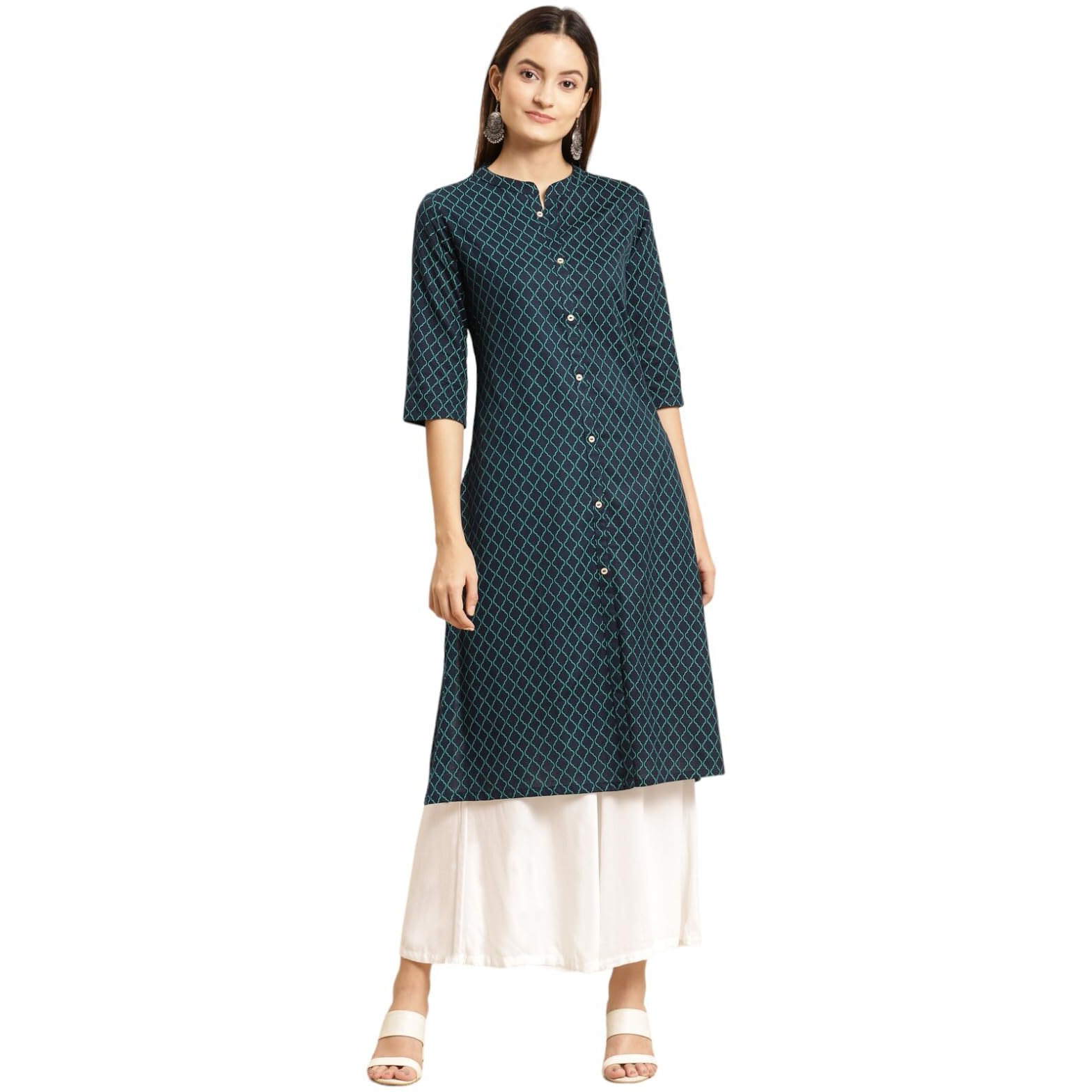 rangita Navy Cotton Flex Calf Length Printed Front Slit Kurti for Women | Kurta for Women_S