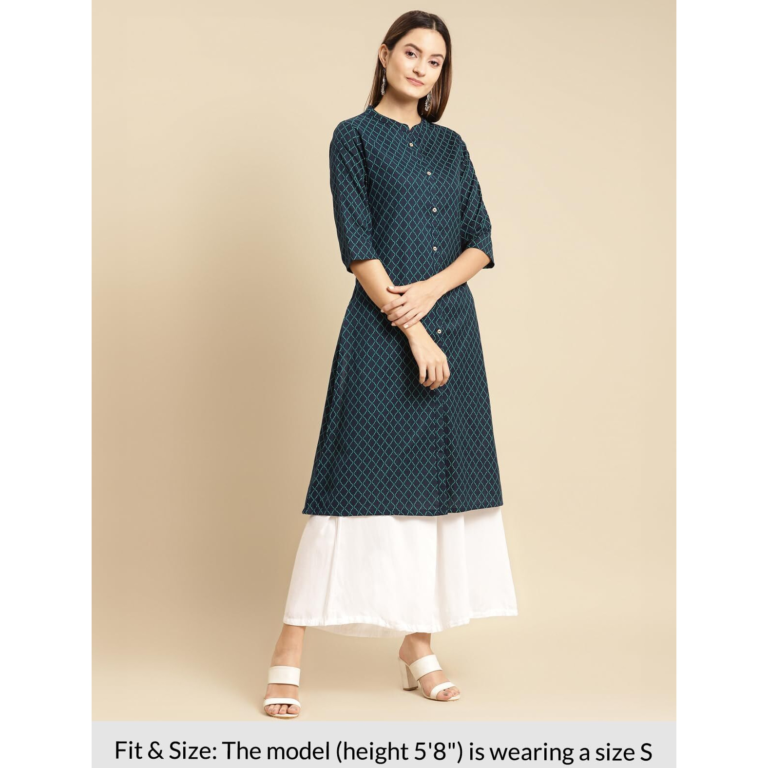 rangita Navy Cotton Flex Calf Length Printed Front Slit Kurti for Women | Kurta for Women_S