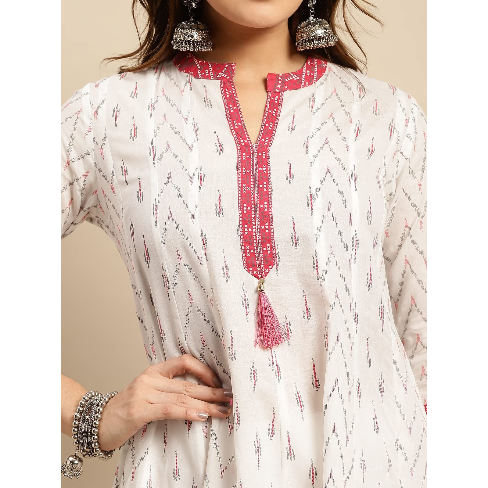 rangita Women 100% Cotton Off White Contrast Placket Ikat Printed Calf Length Anarkali Kurti