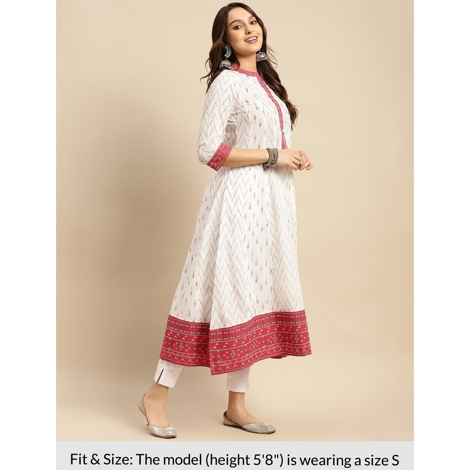 rangita Women 100% Cotton Off White Contrast Placket Ikat Printed Calf Length Anarkali Kurti