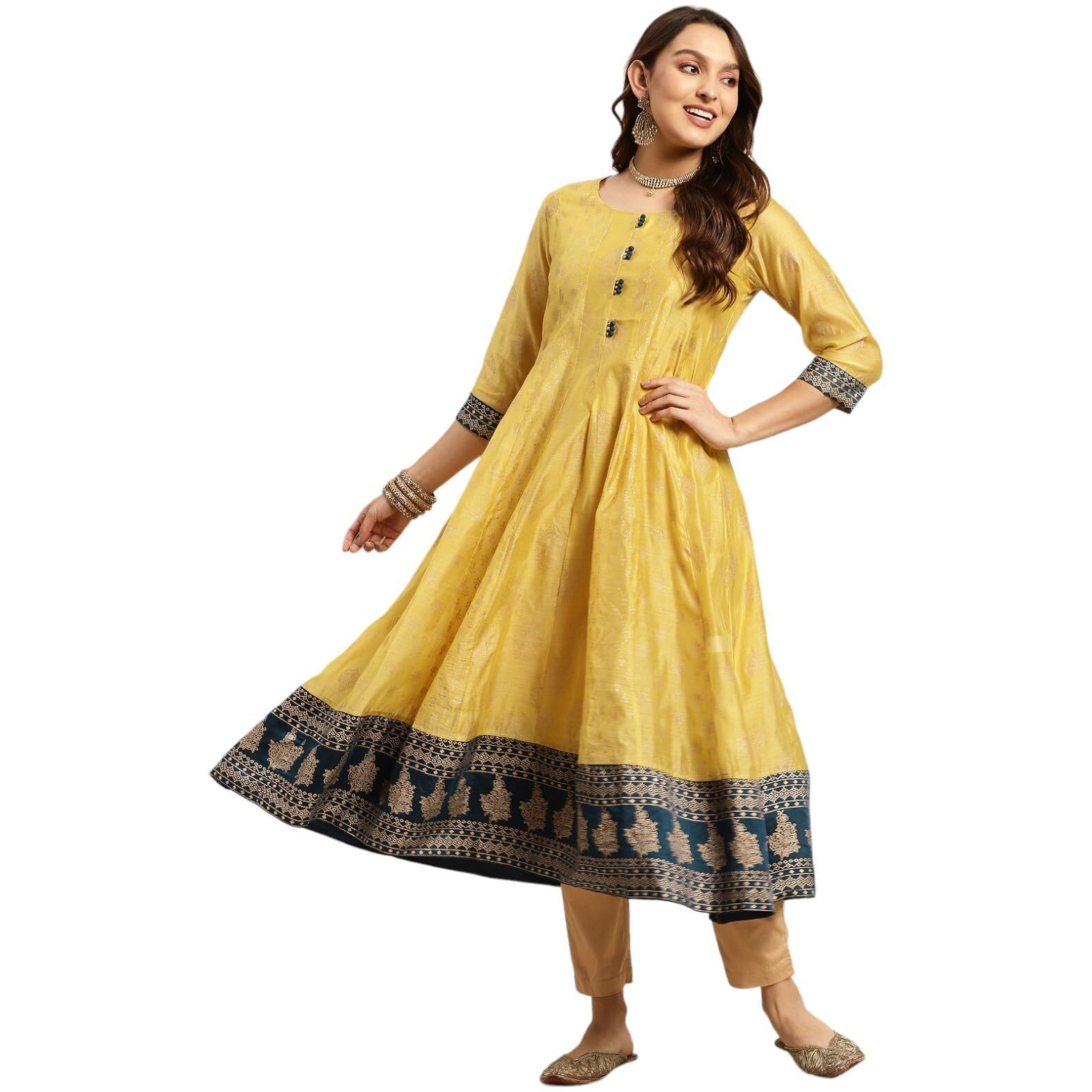 rangita Yellow Chanderi Calf Length Printed Flared Kurti for Women | Kurta for Women_S