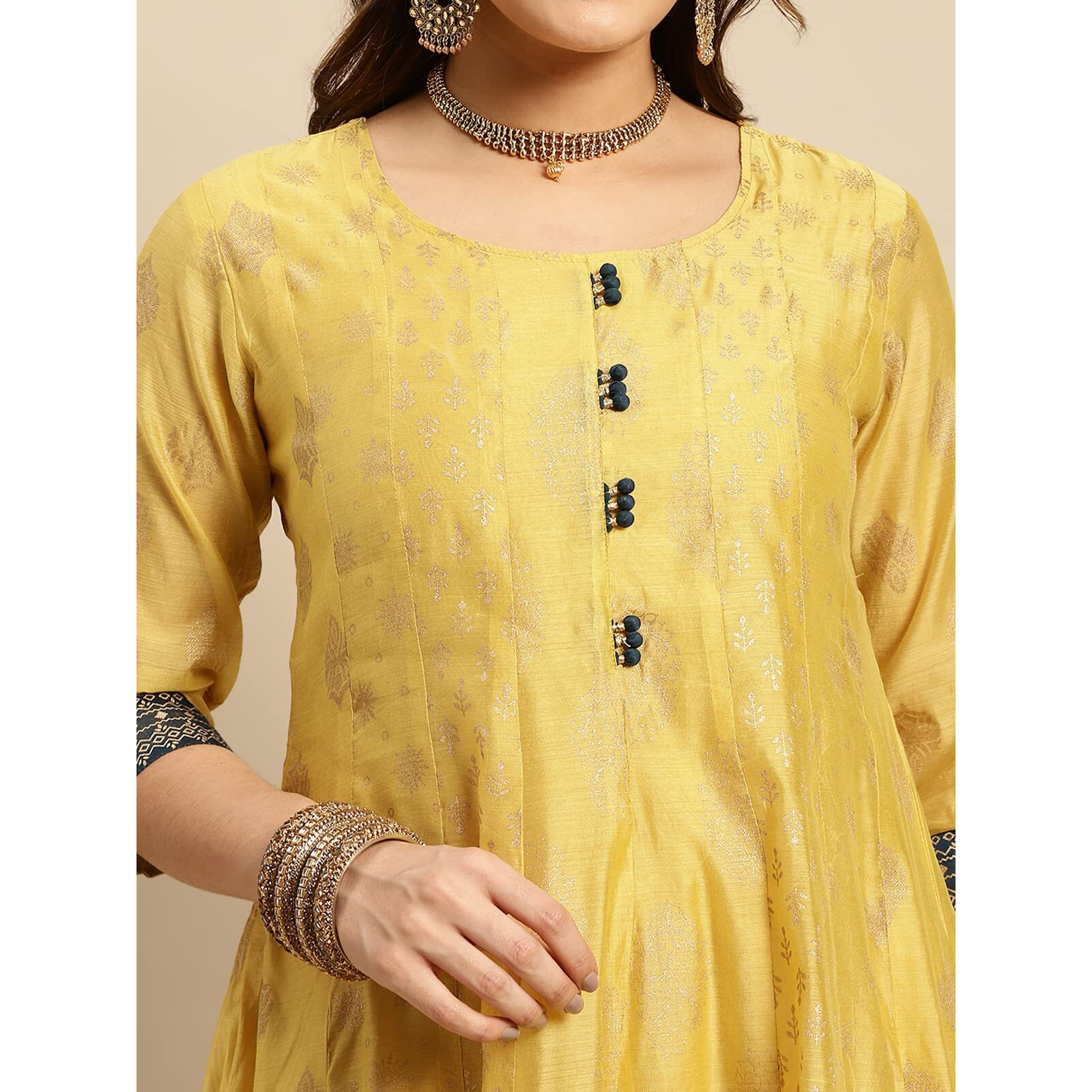 rangita Yellow Chanderi Calf Length Printed Flared Kurti for Women | Kurta for Women_S