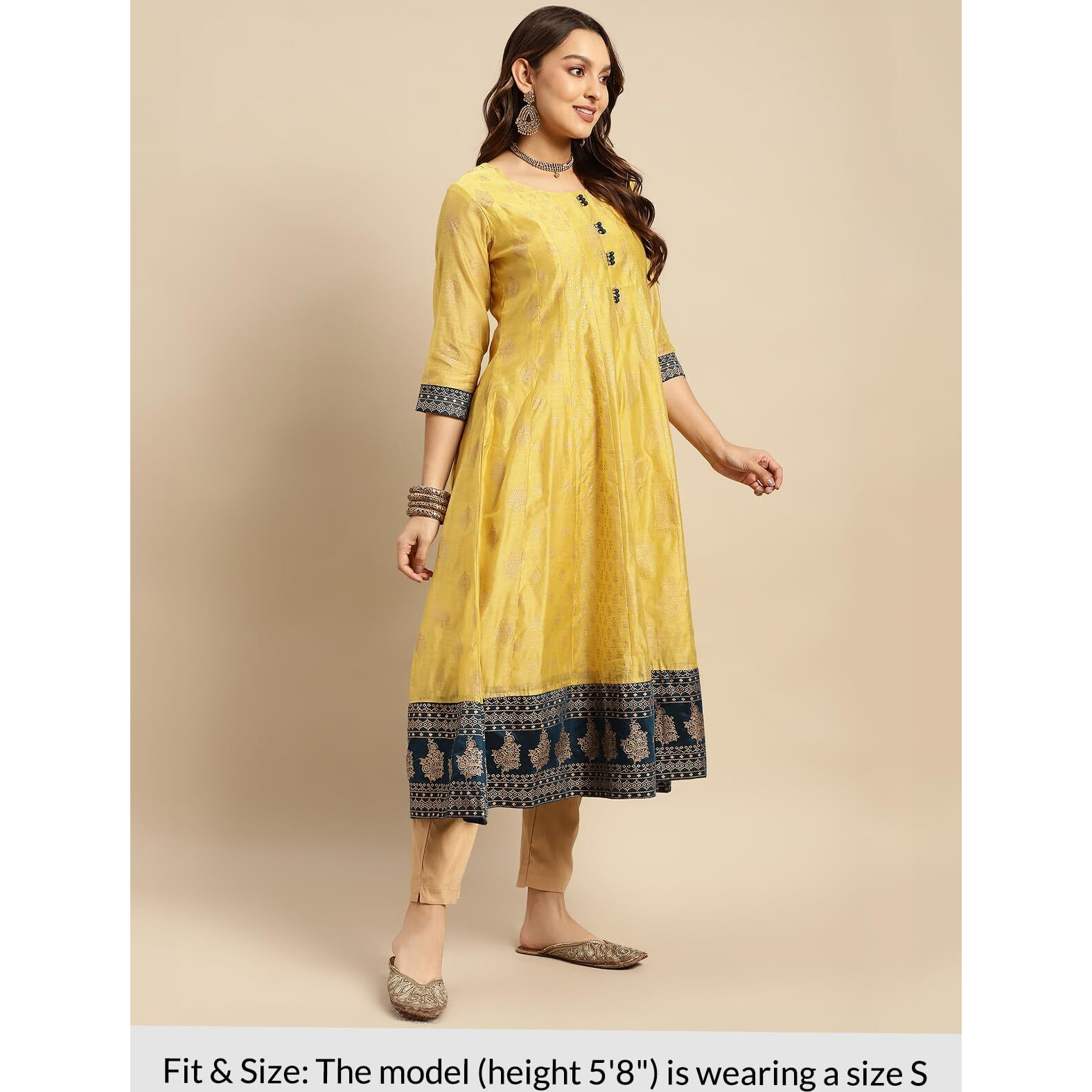 rangita Yellow Chanderi Calf Length Printed Flared Kurti for Women | Kurta for Women_S