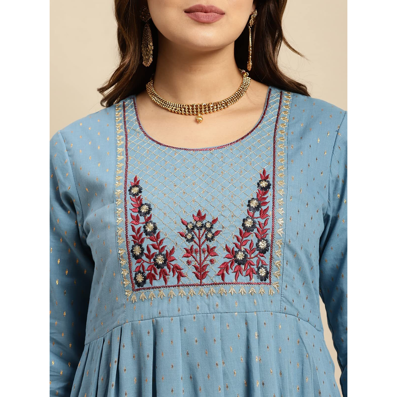 rangita Light Blue Cotton Calf Length Embroidered Anarkali Kurti for Women | Kurta for Women_2XL