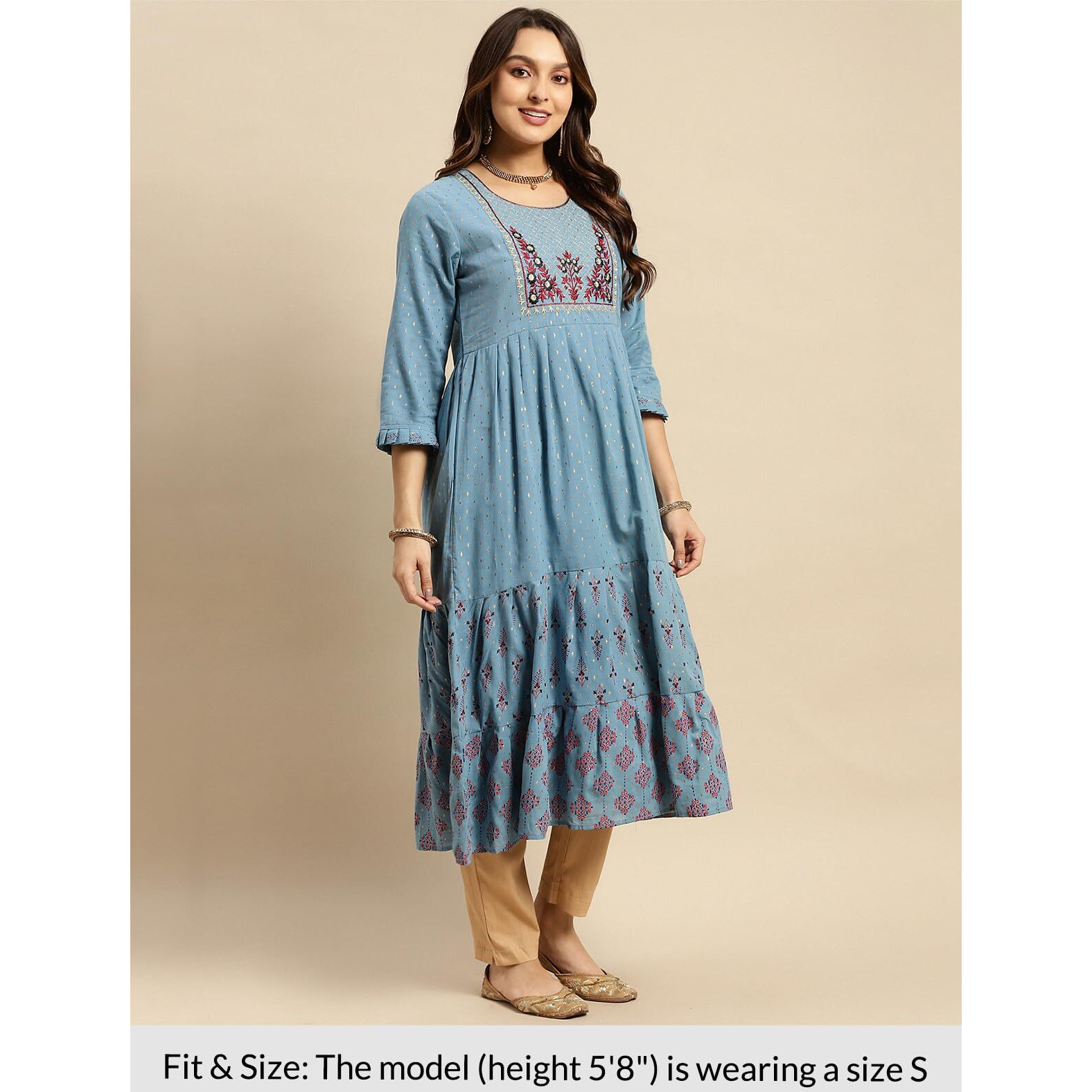 rangita Light Blue Cotton Calf Length Embroidered Anarkali Kurti for Women | Kurta for Women_2XL
