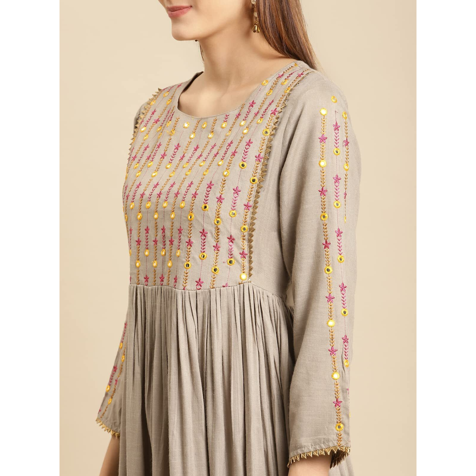 rangita Olive Rayon Calf Length Embroidered Anarkali Kurti for Women | Kurta for Women_S