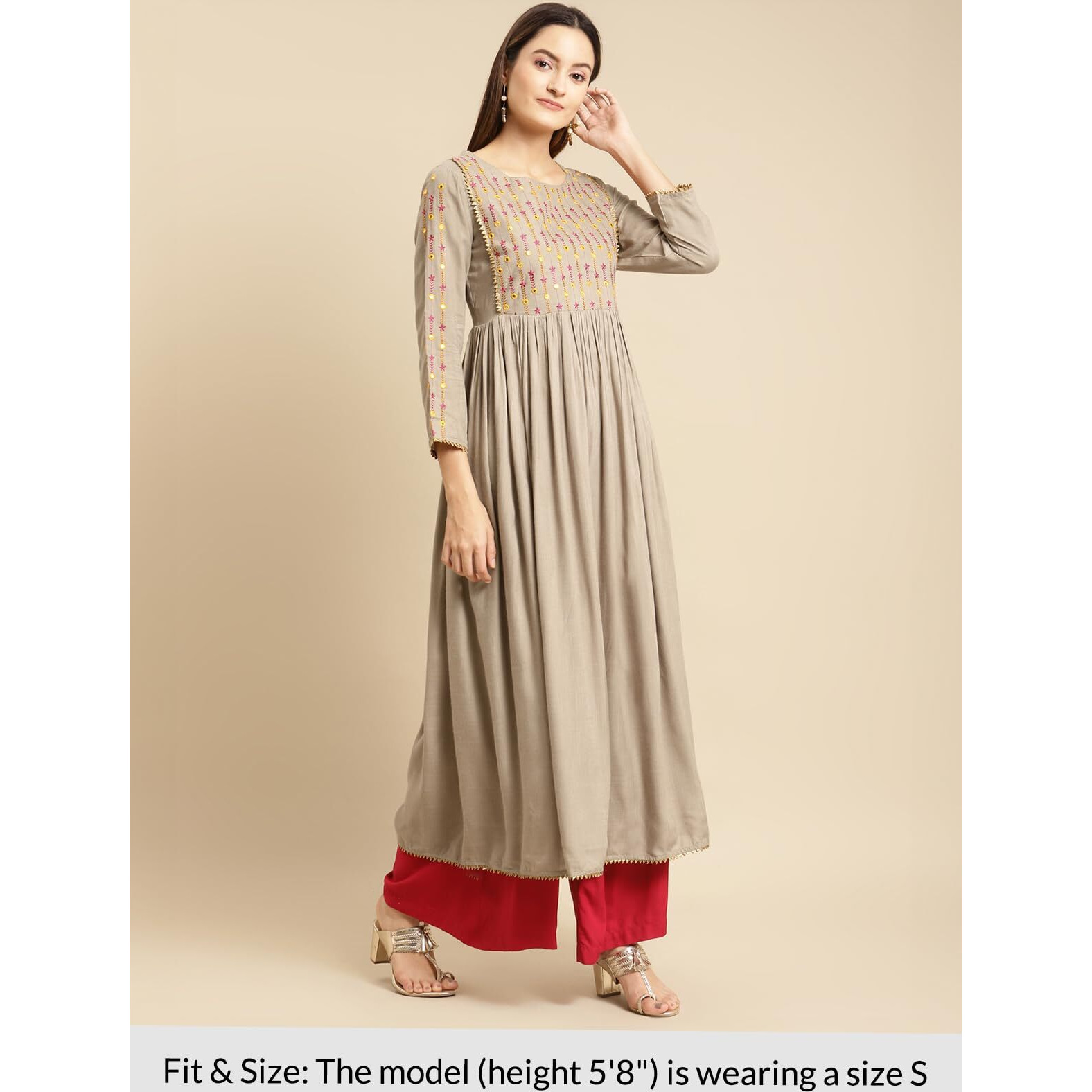 rangita Olive Rayon Calf Length Embroidered Anarkali Kurti for Women | Kurta for Women_S