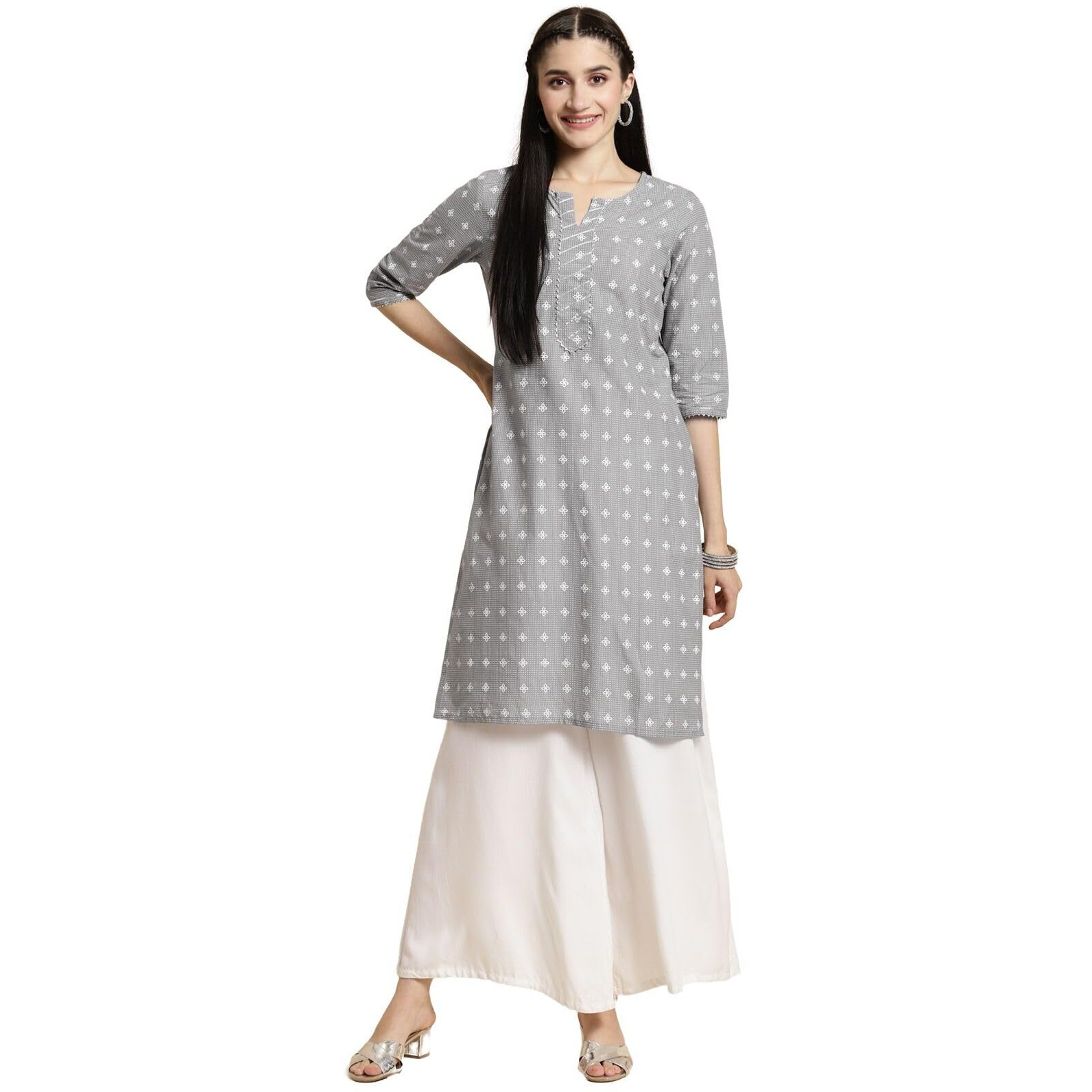 rangita Light Grey Cotton Knee Length Printed Straight Kurti for Women | Kurta for Women_M