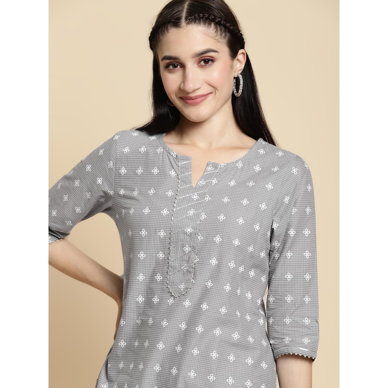 rangita Light Grey Cotton Knee Length Printed Straight Kurti for Women | Kurta for Women_M