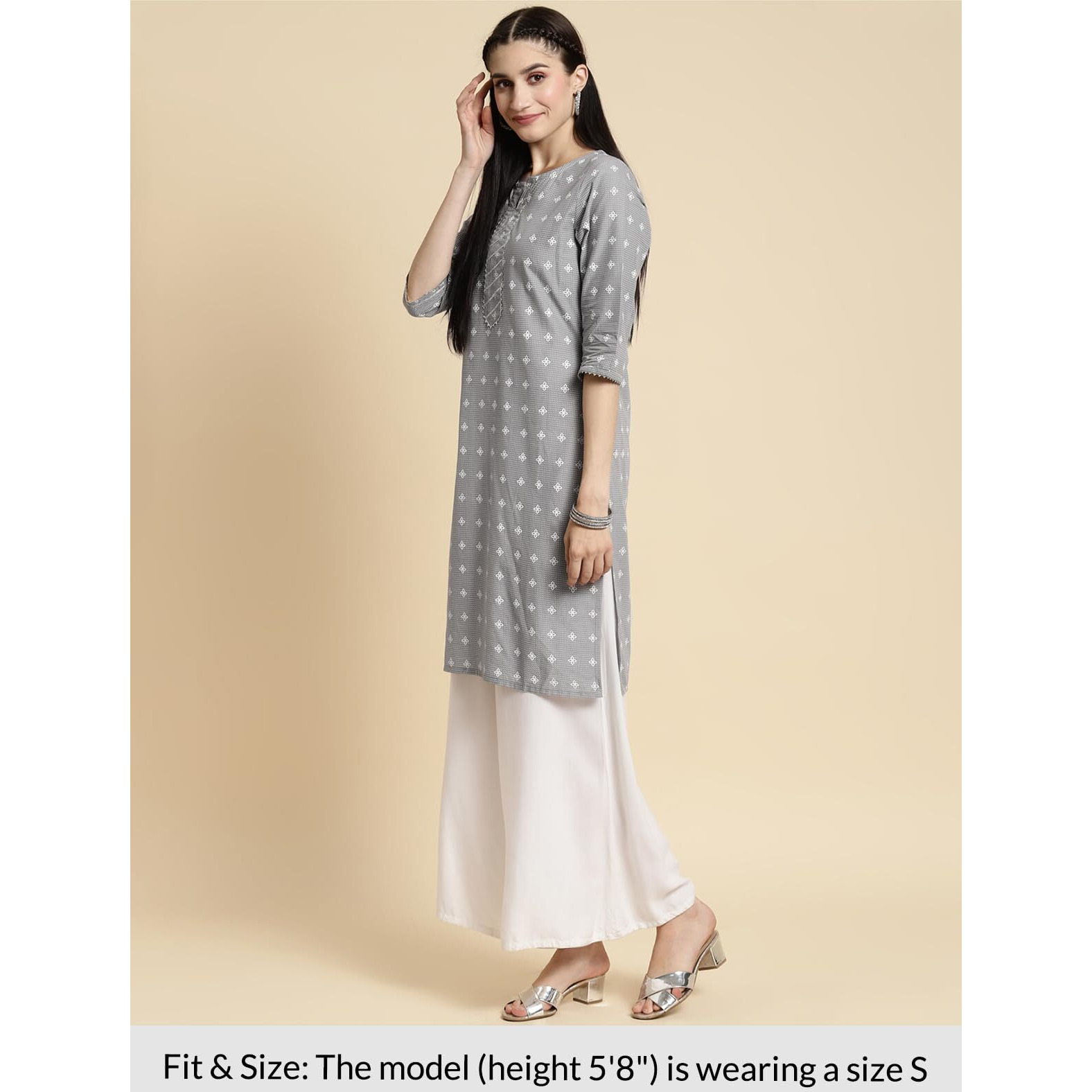 rangita Light Grey Cotton Knee Length Printed Straight Kurti for Women | Kurta for Women_M