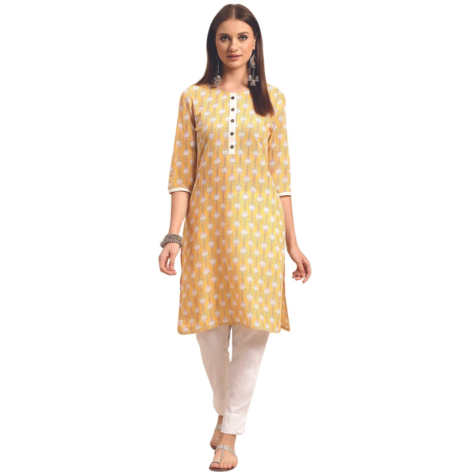 rangita Yellow Cotton Knee Length Printed Straight Kurti for Women | Kurta for Women_L