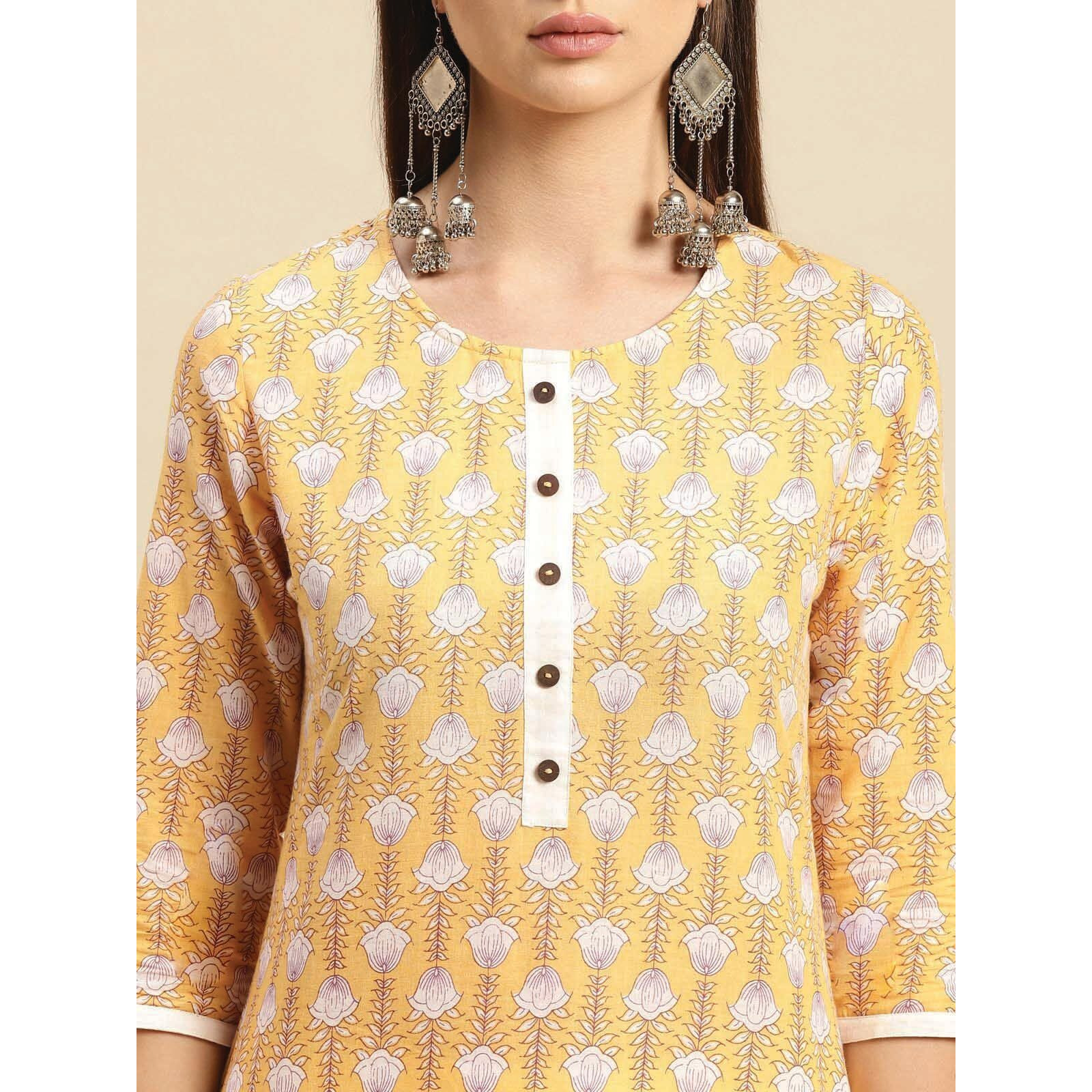 rangita Yellow Cotton Knee Length Printed Straight Kurti for Women | Kurta for Women_L