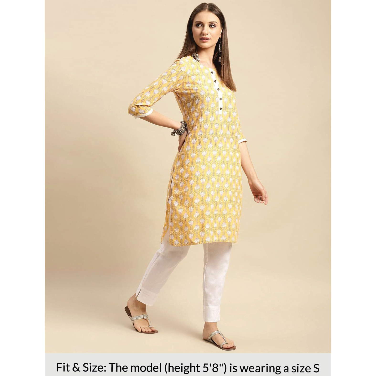 rangita Yellow Cotton Knee Length Printed Straight Kurti for Women | Kurta for Women_L