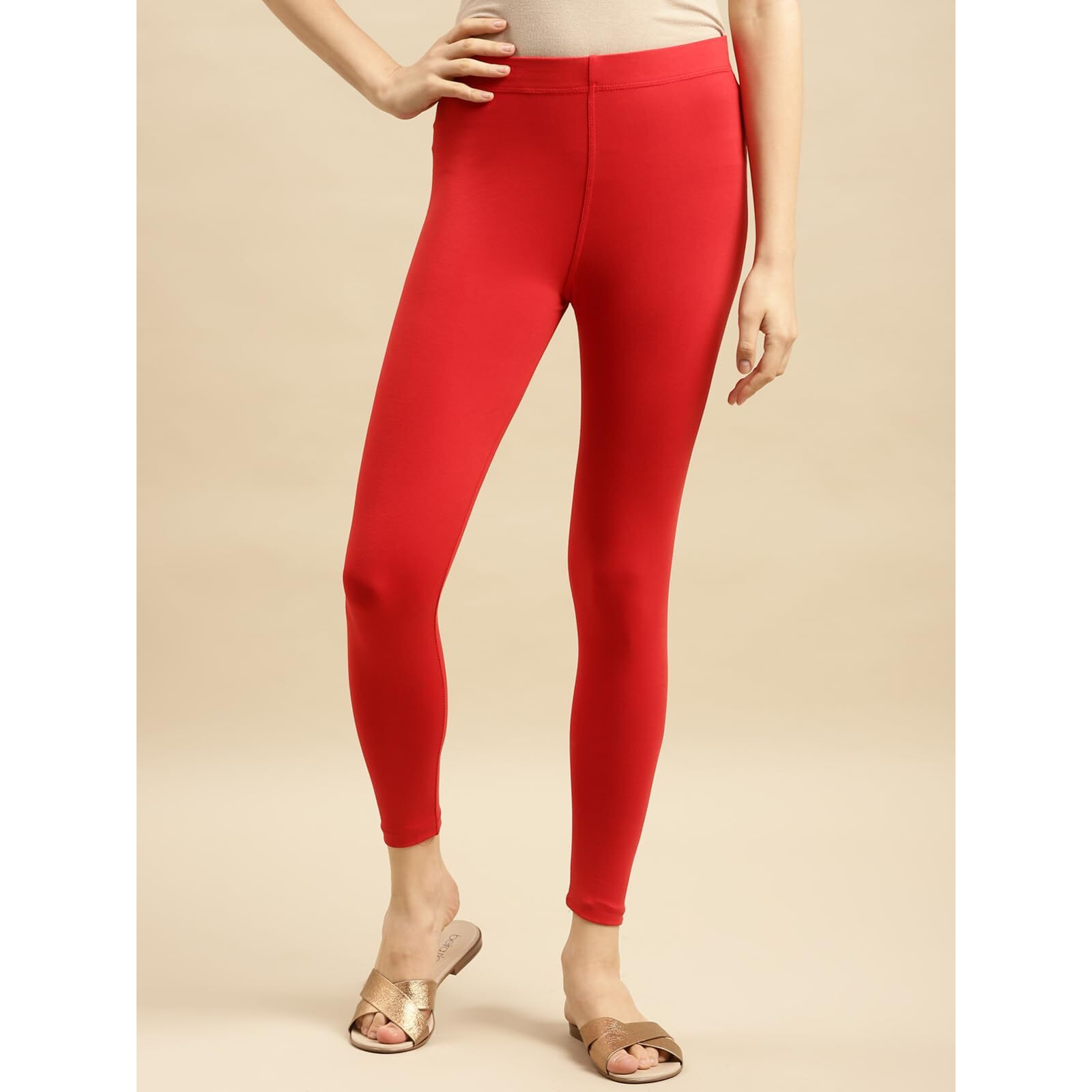 rangita Women Cotton Red Solid Ankle Length Legging, S