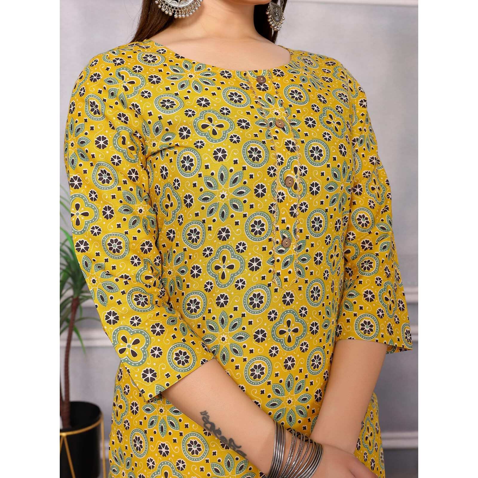 rangita Mustard Cotton Knee Length Printed Straight Kurti for Women | Kurta for Women_S