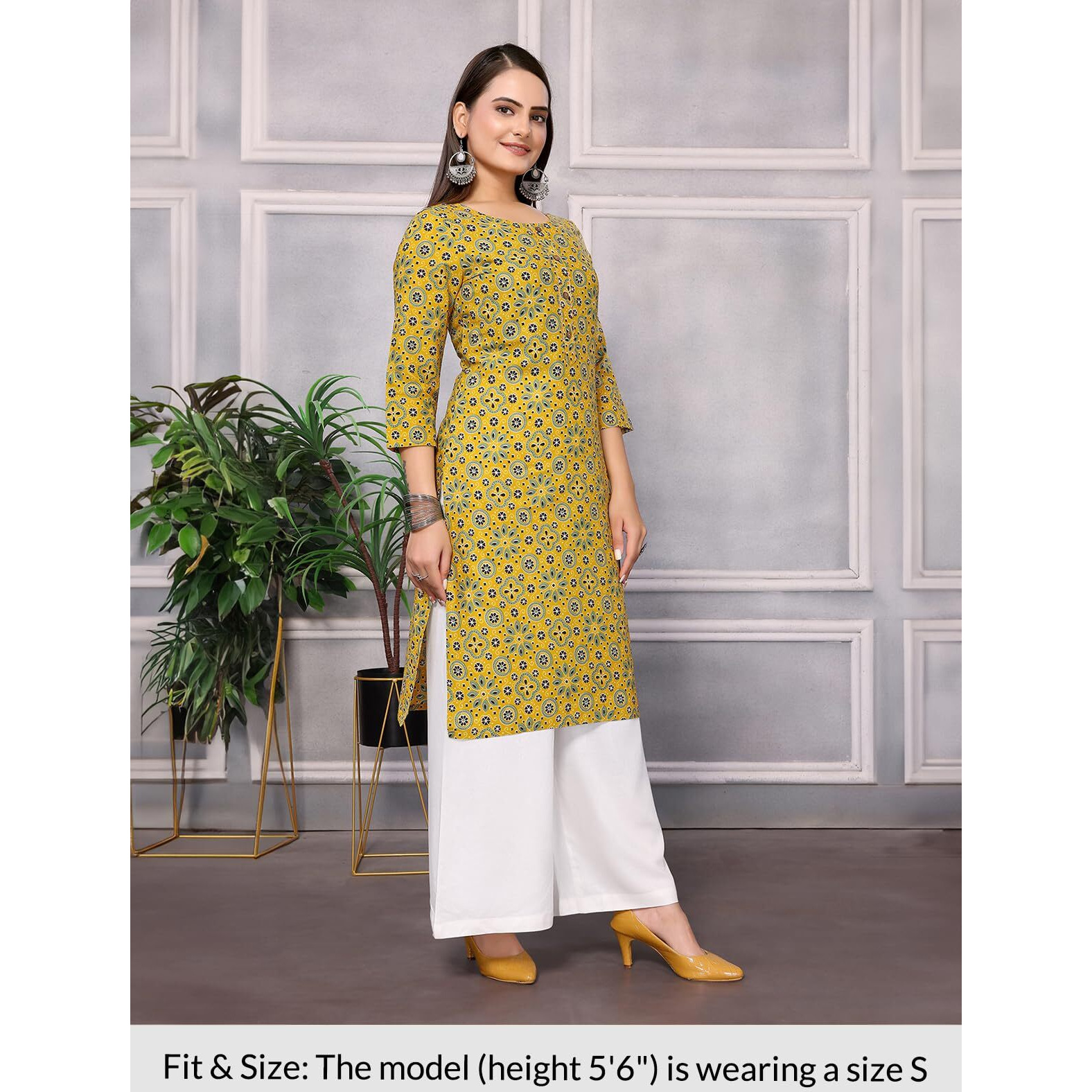 rangita Mustard Cotton Knee Length Printed Straight Kurti for Women | Kurta for Women_S