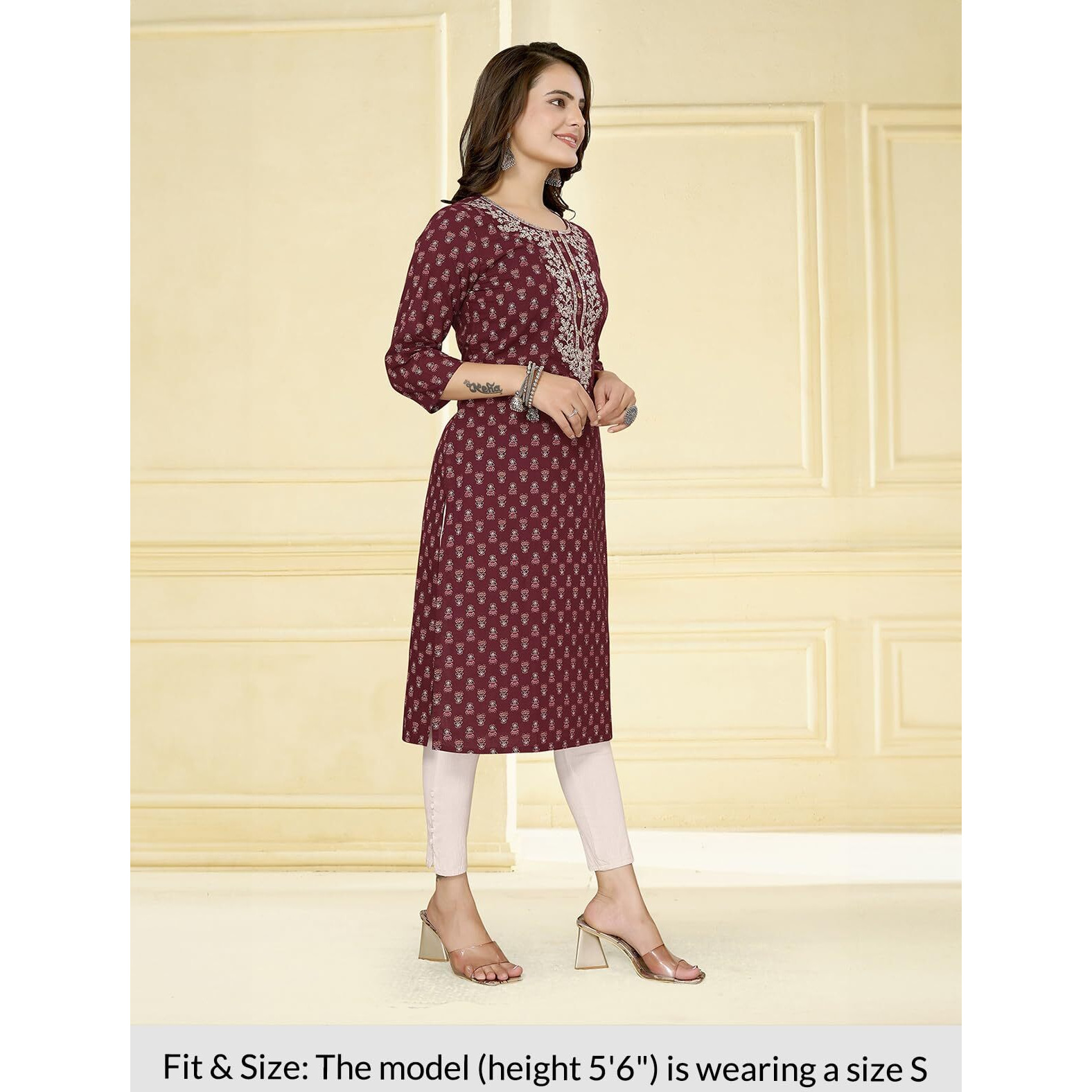 rangita Maroon Cotton Calf Length Embroidered Straight Kurti for Women | Kurta for Women_M