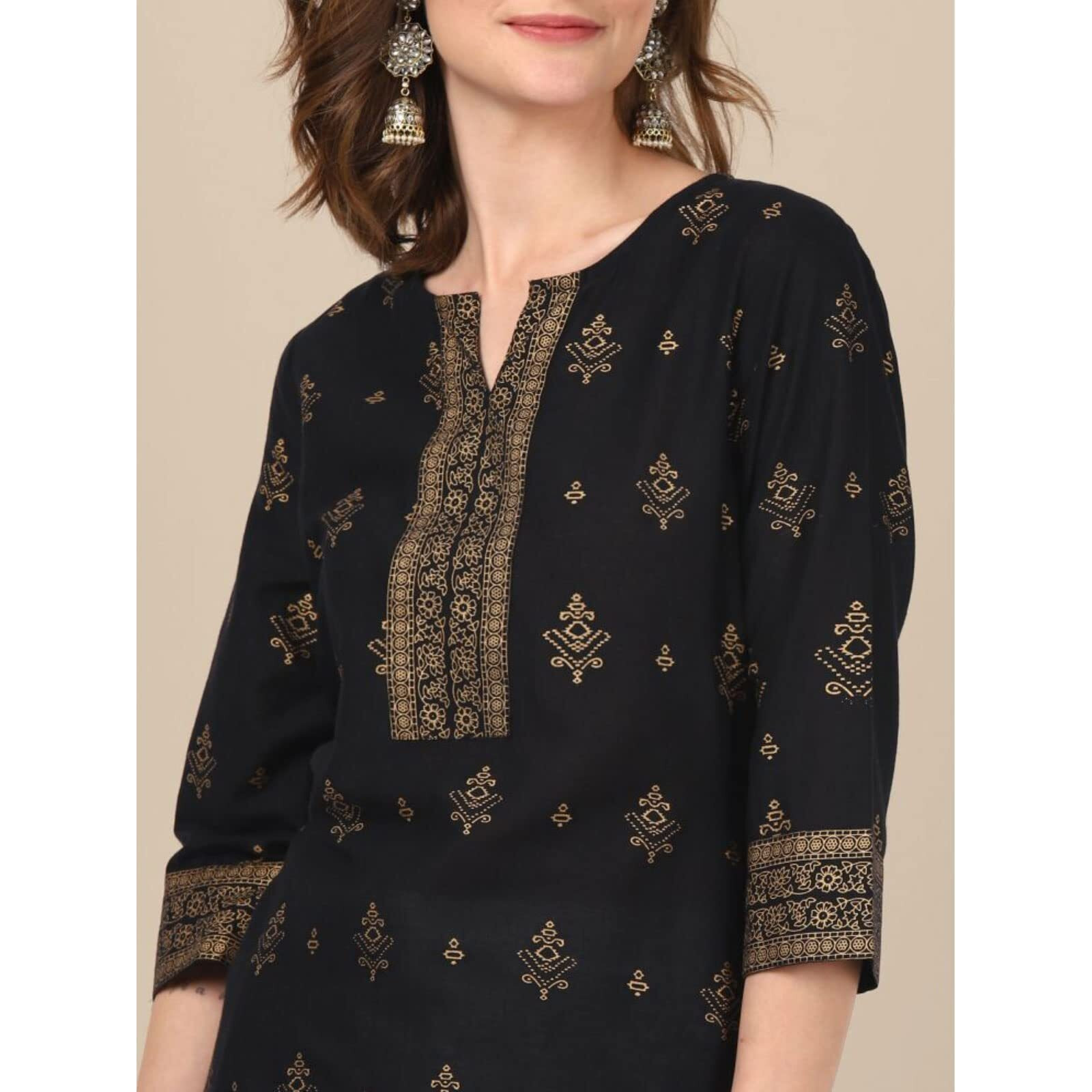 rangita Black & Yellow 100% Cotton Knee Length Printed Straight Kurti for Women | Kurta for Women_S (Pack of 2)