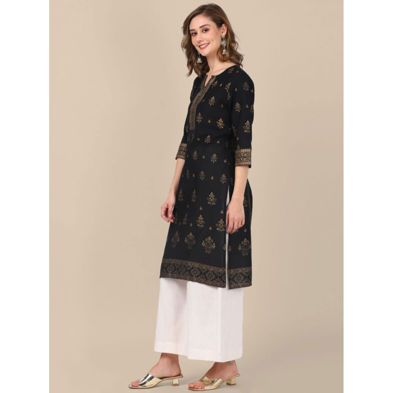 rangita Black & Yellow 100% Cotton Knee Length Printed Straight Kurti for Women | Kurta for Women_S (Pack of 2)