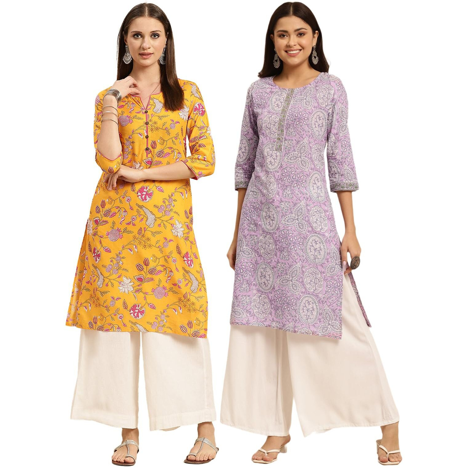 rangita Yellow & Purple 100% Cotton Knee Length Printed Straight Kurti for Women | Kurta for Women_L (Pack of 2)